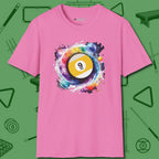 Nine Ball Galaxy T-Shirt, front view, in Azalea cue sports swagger done right