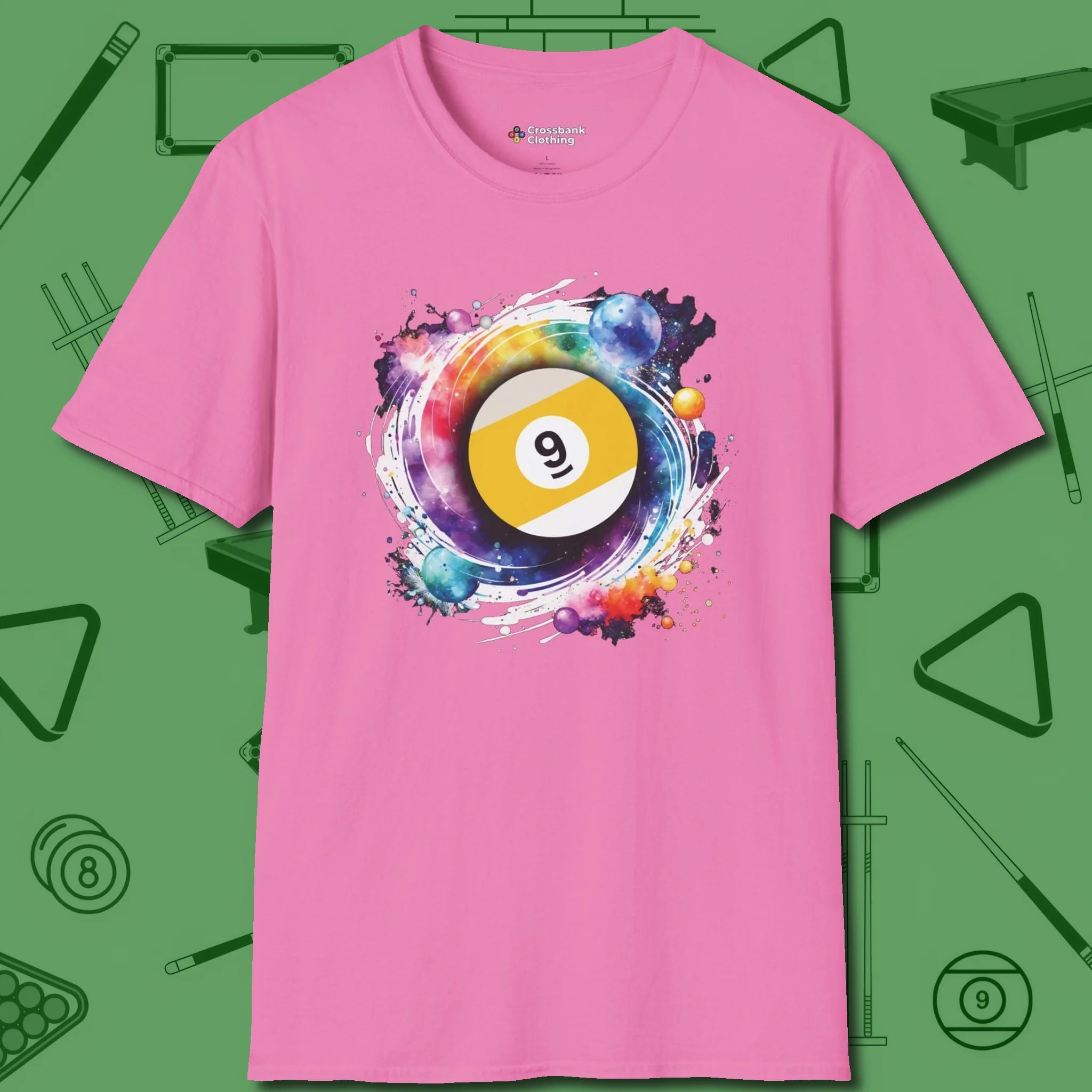 Nine Ball Galaxy T-Shirt, front view, in Azalea cue sports swagger done right