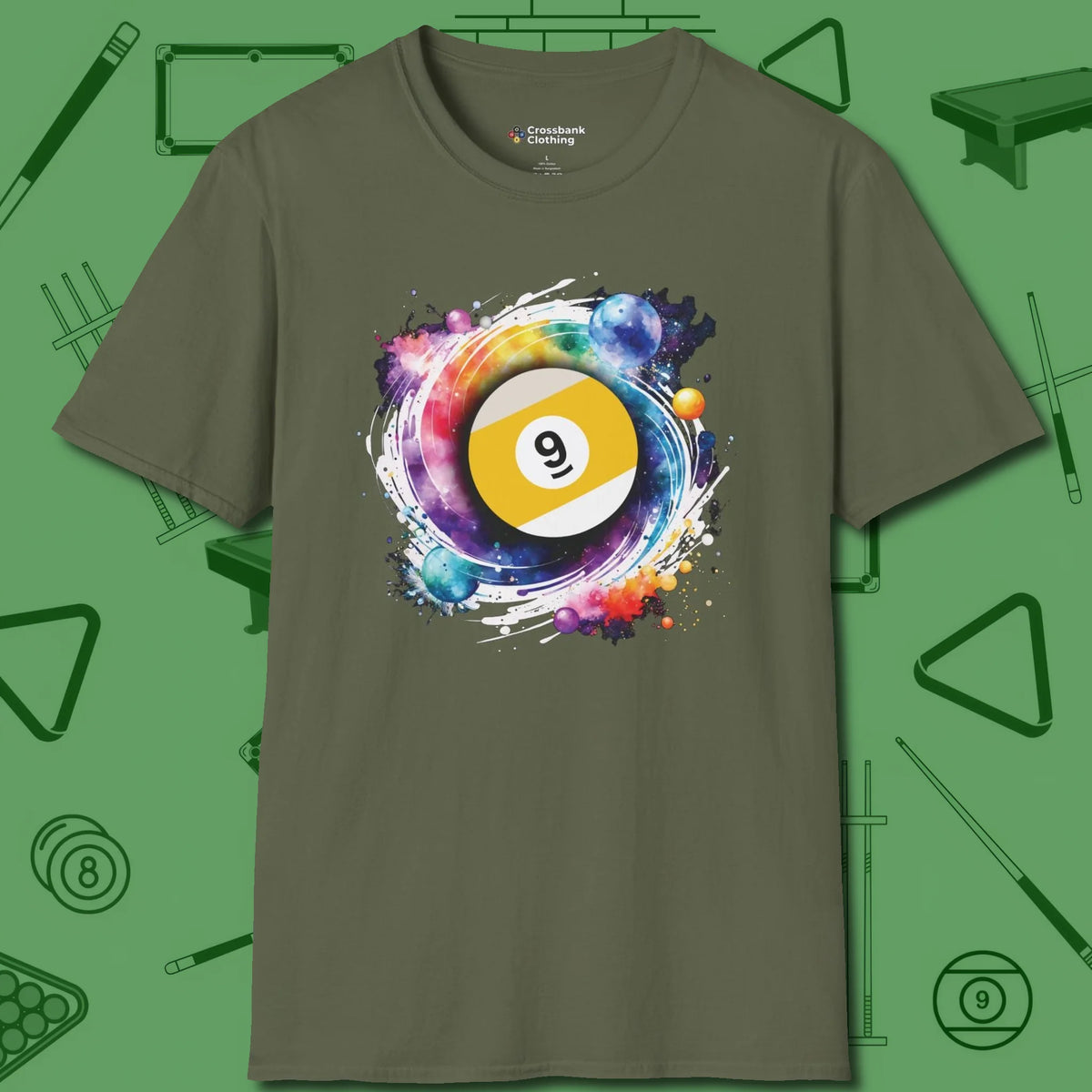 Nine Ball Galaxy T-Shirt, front view, in Military Green because the table is your battlefield