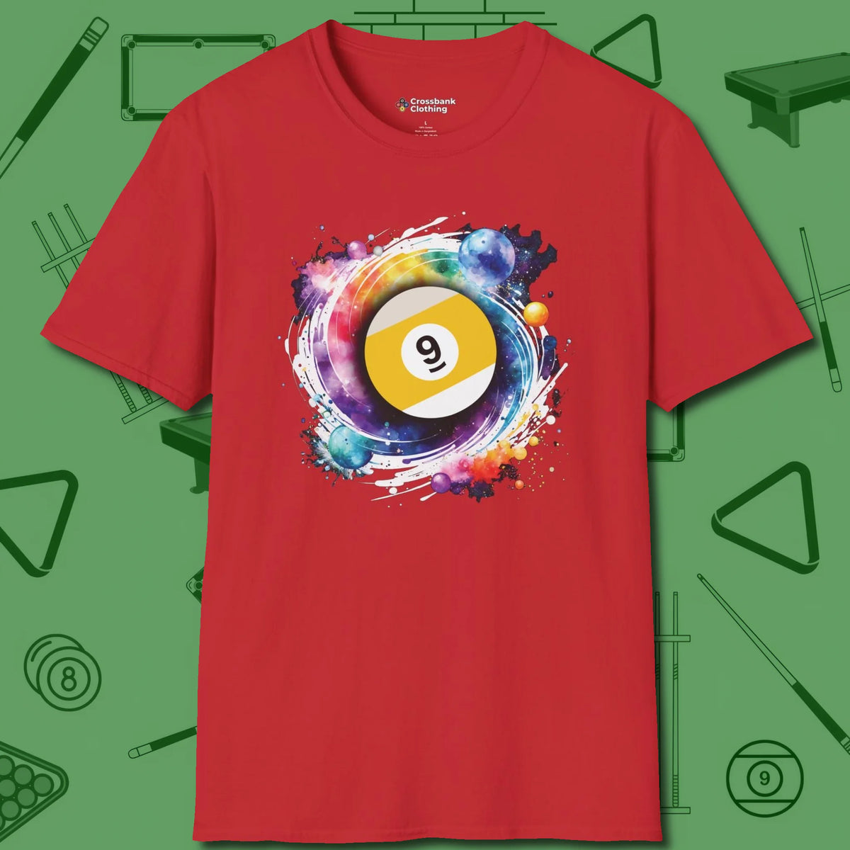 Nine Ball Galaxy T-Shirt, front view, in Red cue up respect every time you wear it