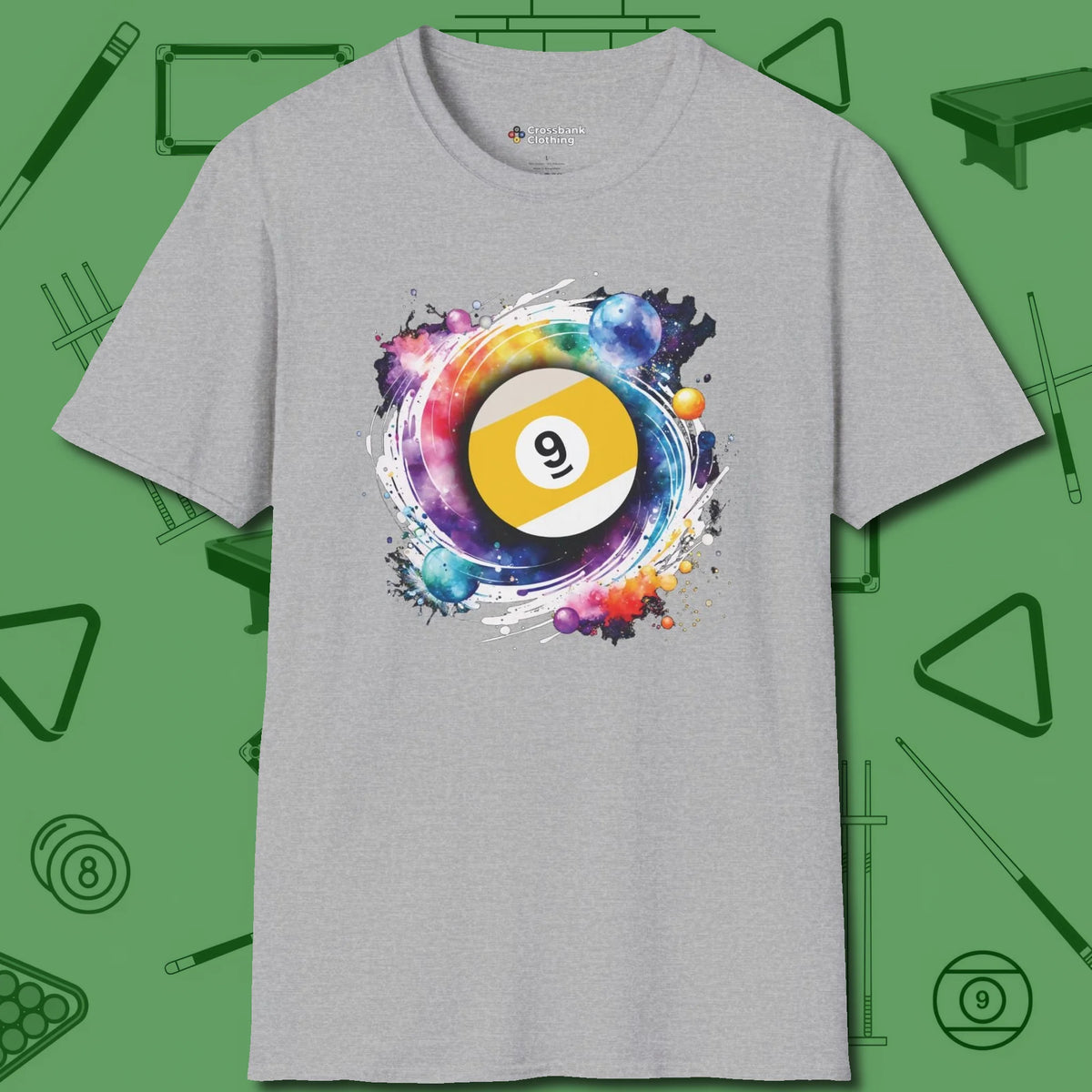 Nine Ball Galaxy T-Shirt, front view, in Sport Grey a clean fit for the dirtiest safeties