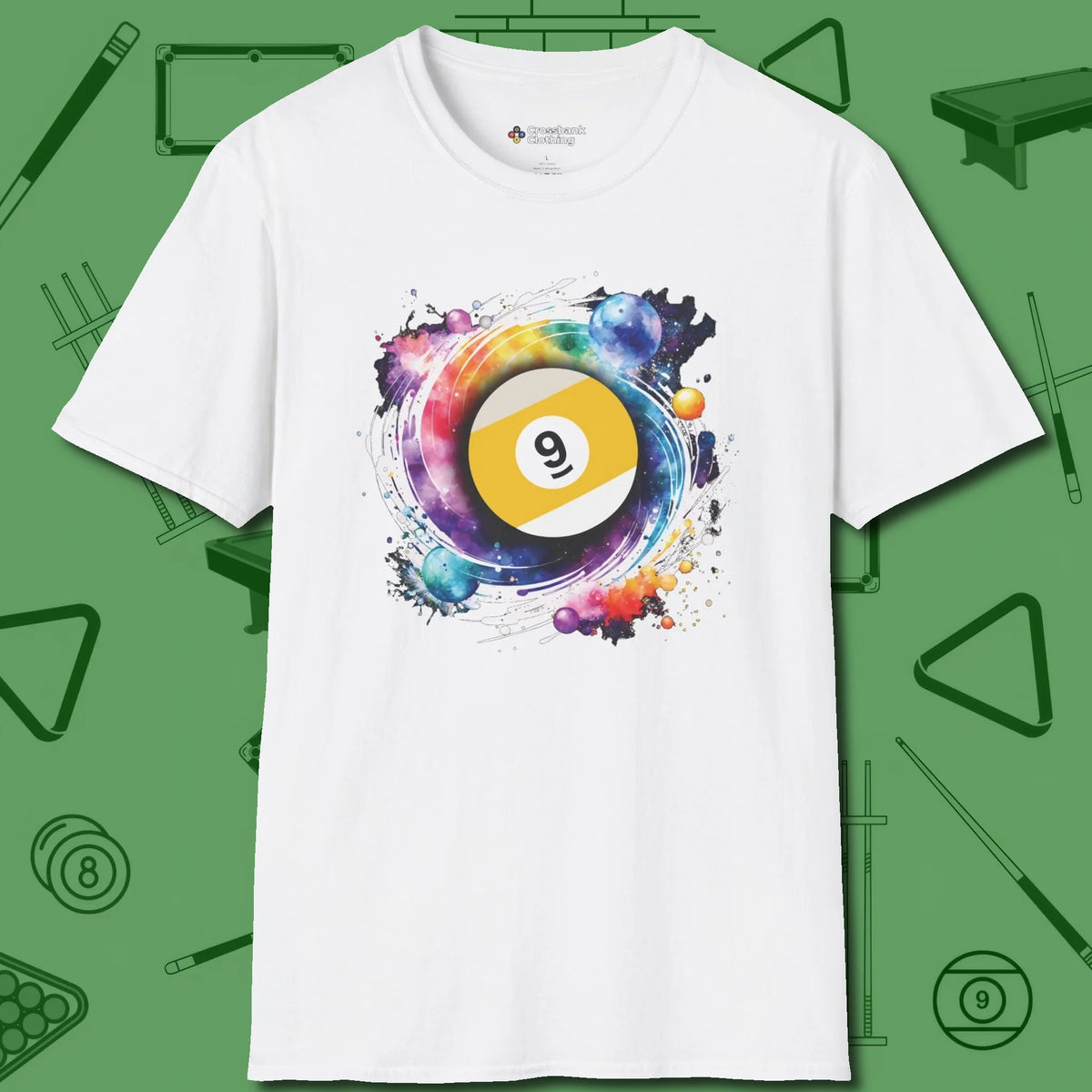 Nine Ball Galaxy T-Shirt, front view, in White subtle drip for serious shooters