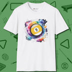 Nine Ball Galaxy T-Shirt, front view, in White subtle drip for serious shooters