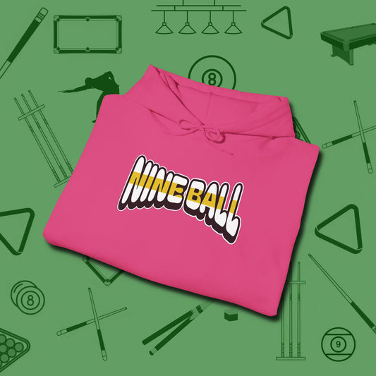 Nine Ball Letters Hoodie, folded view, in Heliconia because you don’t just play — you represent