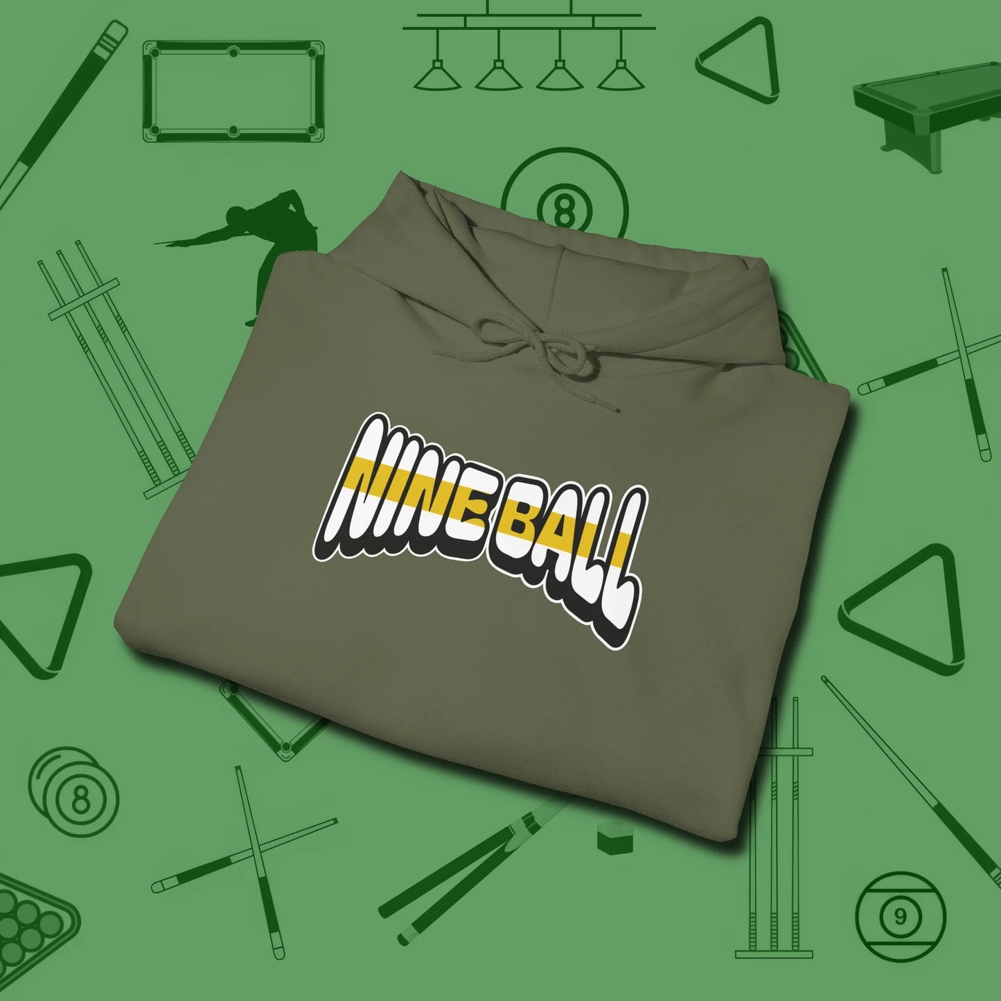 Nine Ball Letters Hoodie, folded view, in Military Green subtle drip for serious shooters