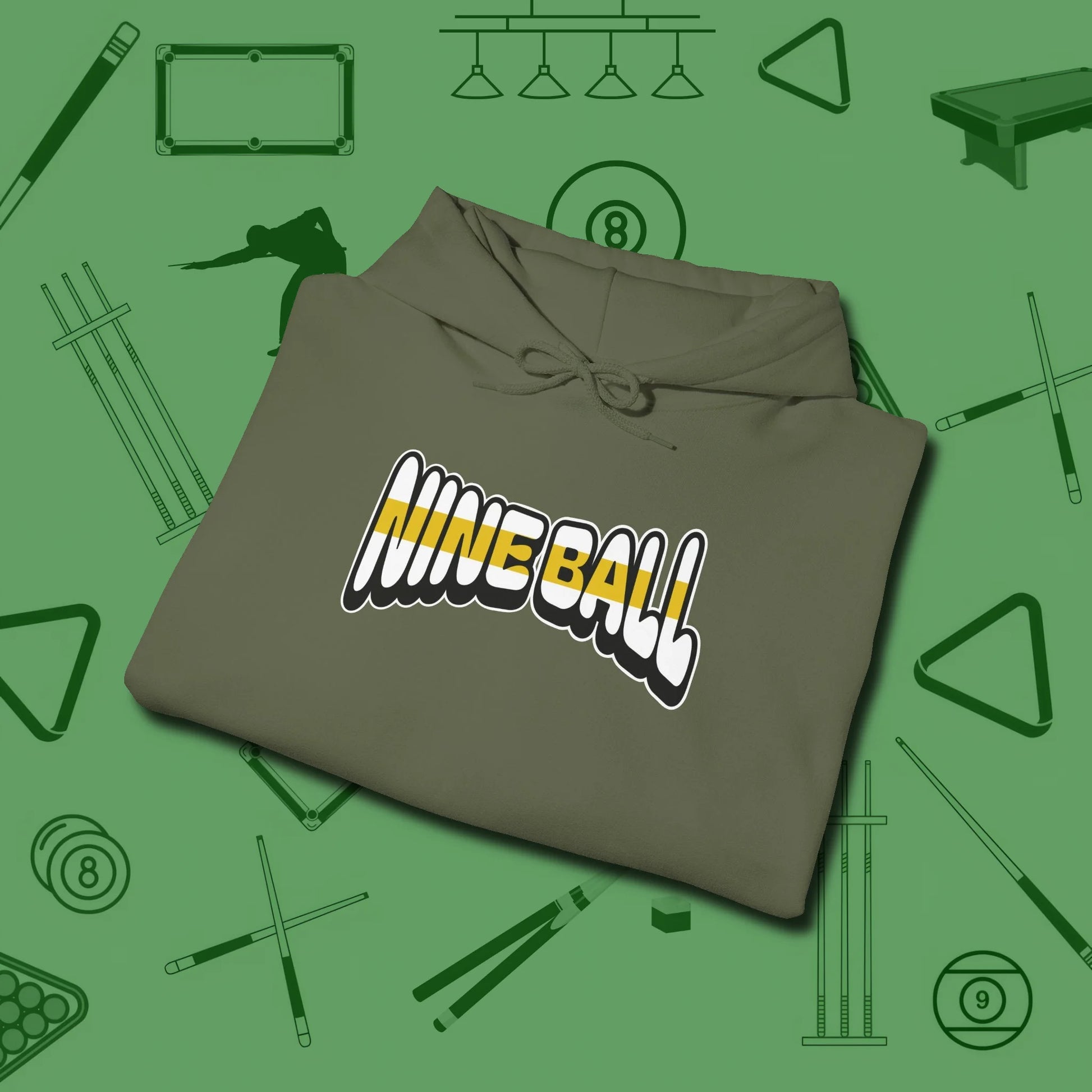 Nine Ball Letters Hoodie, folded view, in Military Green subtle drip for serious shooters