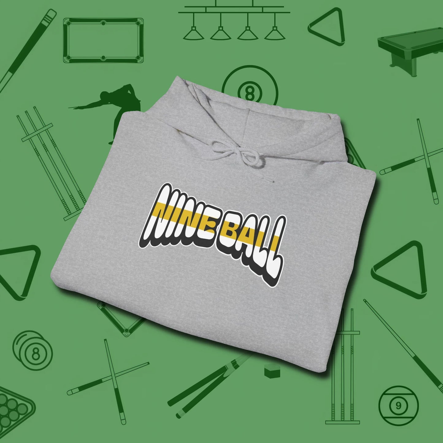 Nine Ball Letters Hoodie, folded view, in Sport Grey built for bold breaks and quiet confidence