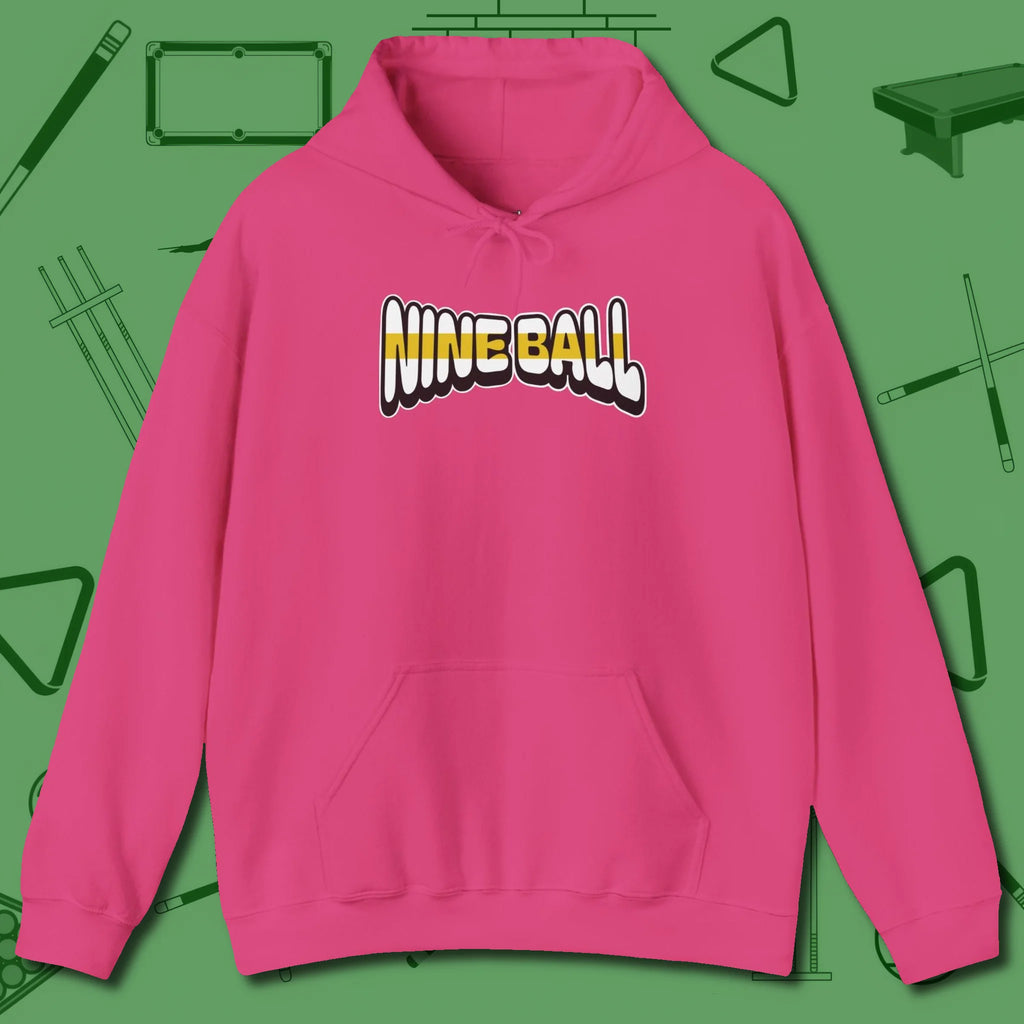 Nine Ball Letters Hoodie, front view, in Heliconia for hustlers who keep it honest