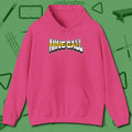 Nine Ball Letters Hoodie, front view, in Heliconia for hustlers who keep it honest