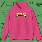 Nine Ball Letters Hoodie, front view, in Heliconia for hustlers who keep it honest