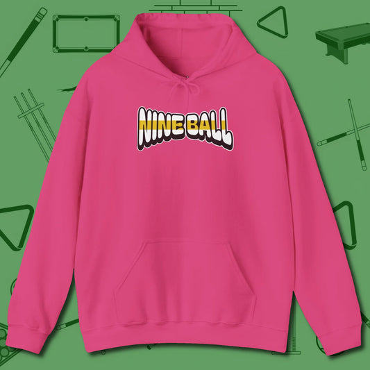 Nine Ball Letters Hoodie, front view, in Heliconia for hustlers who keep it honest