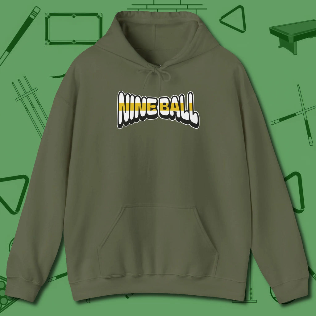 Nine Ball Letters Hoodie, front view, in Military Green make every shot — and outfit — count