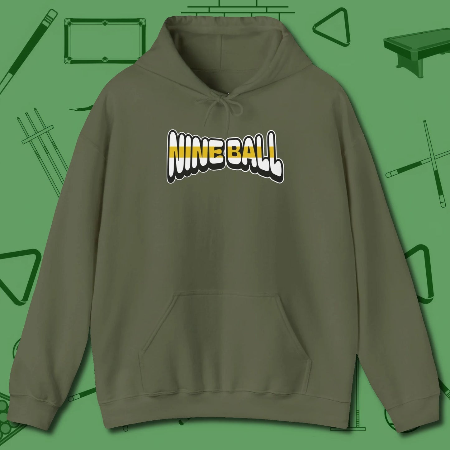 Nine Ball Letters Hoodie, front view, in Military Green make every shot — and outfit — count