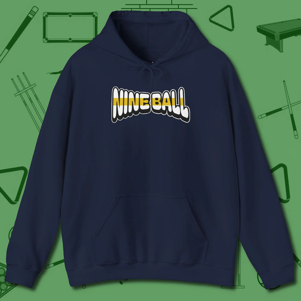 Nine Ball Letters Hoodie, front view, in Navy cue up respect every time you wear it