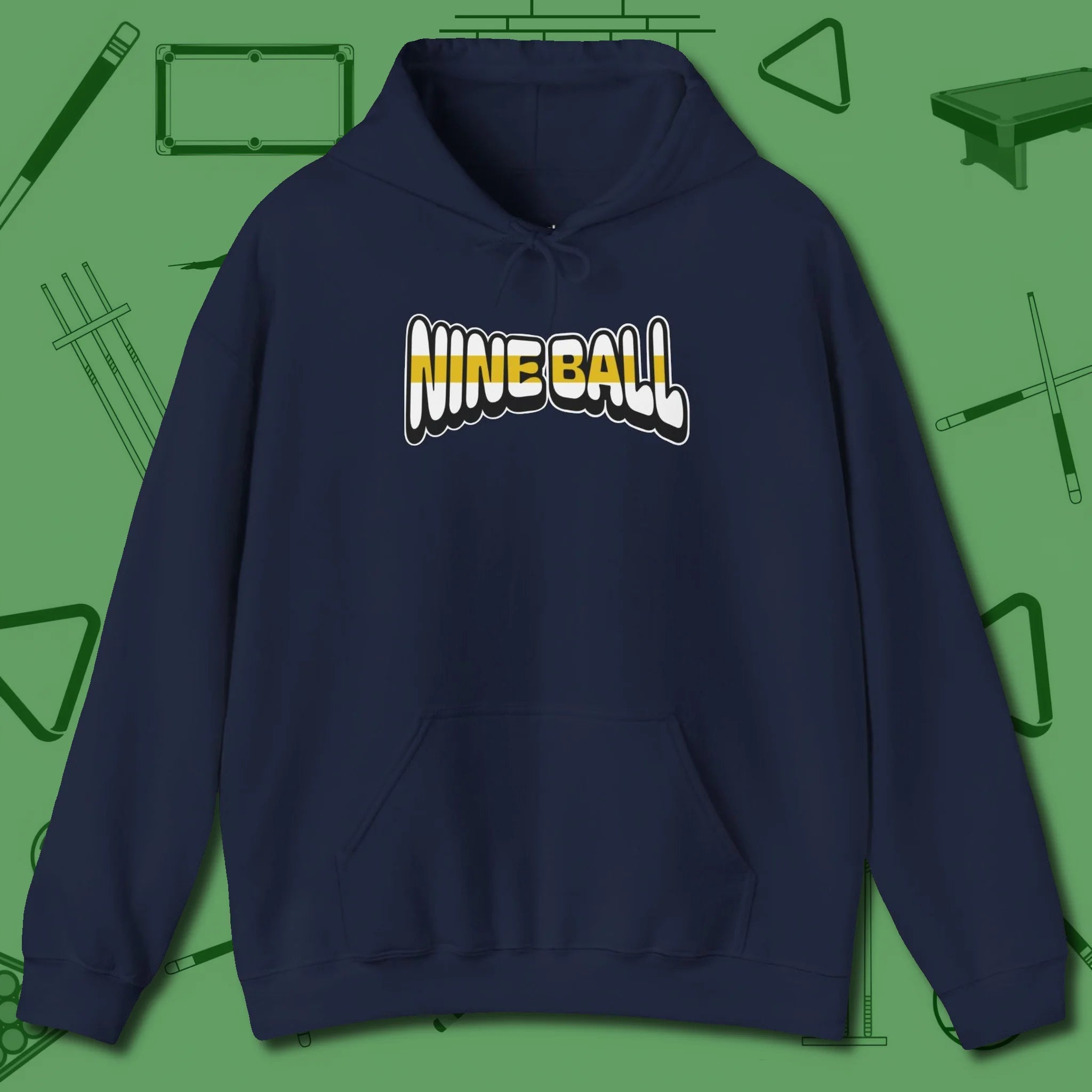 Nine Ball Letters Hoodie, front view, in Navy cue up respect every time you wear it