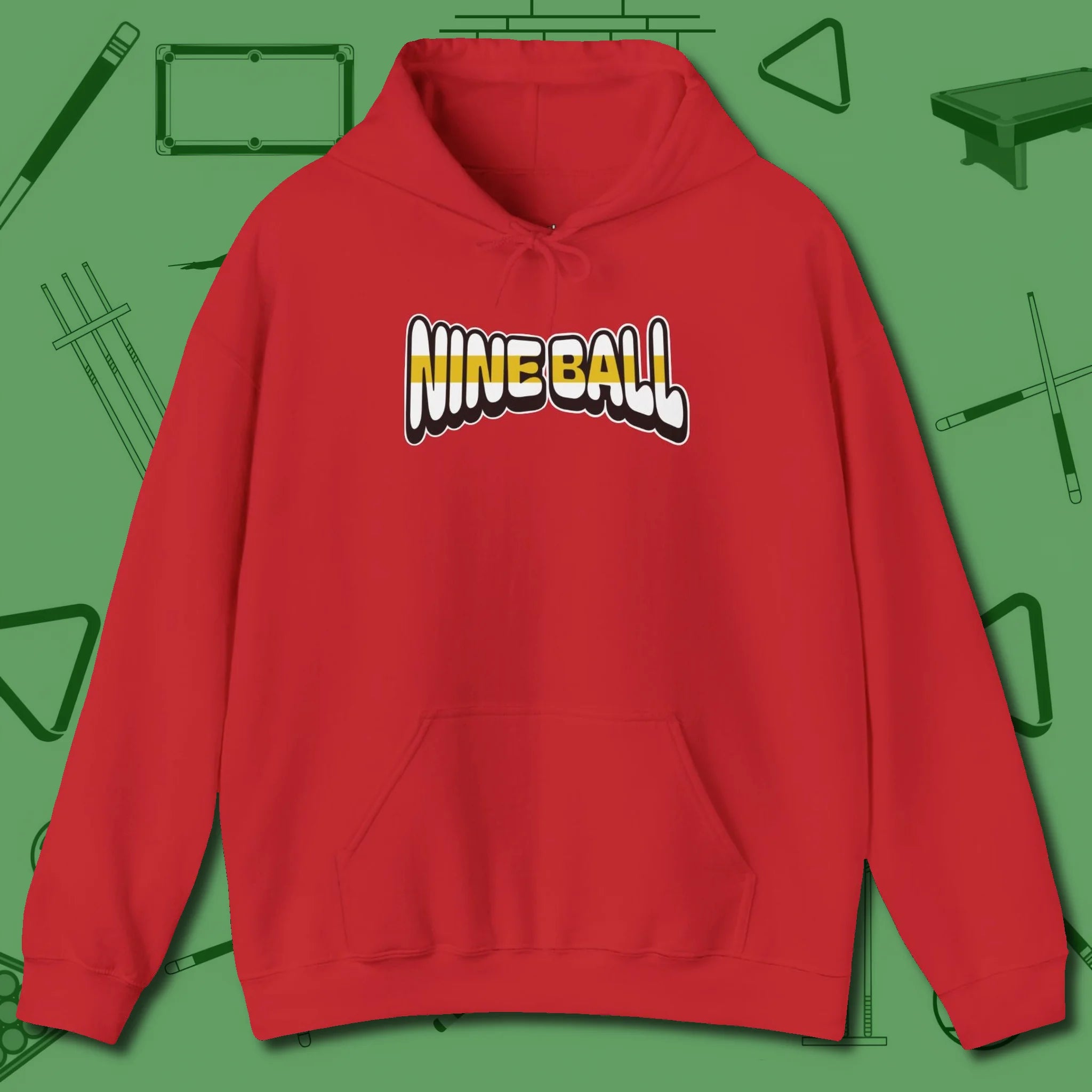 Nine Ball Letters Hoodie, front view, in Red for hustlers who keep it honest