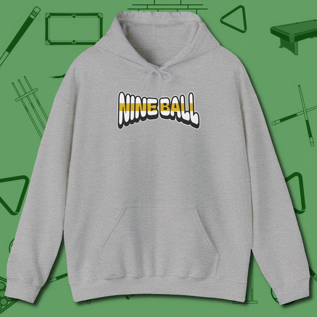Nine Ball Letters Hoodie, front view, in Sport Grey an extension of your pool persona