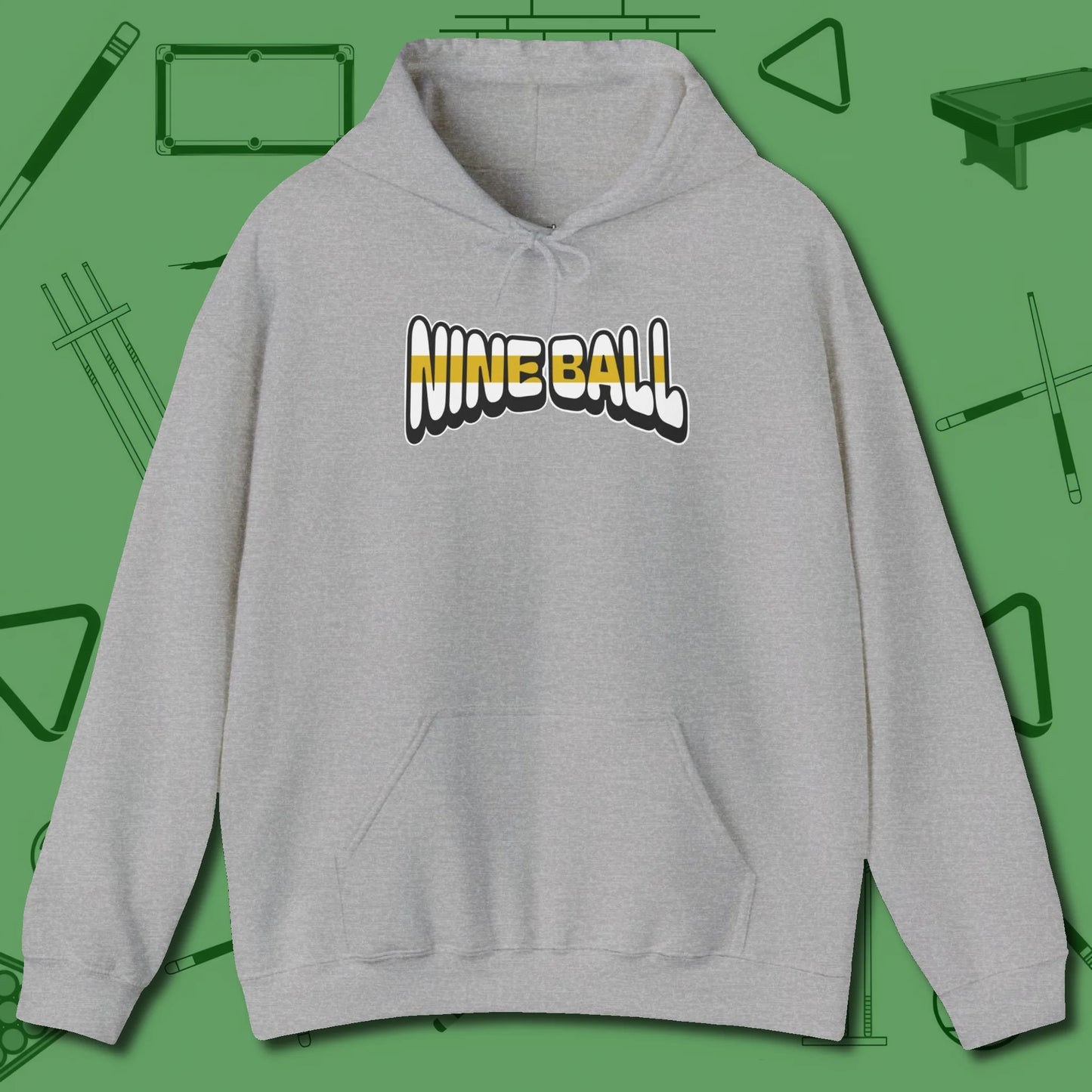 Nine Ball Letters Hoodie, front view, in Sport Grey an extension of your pool persona