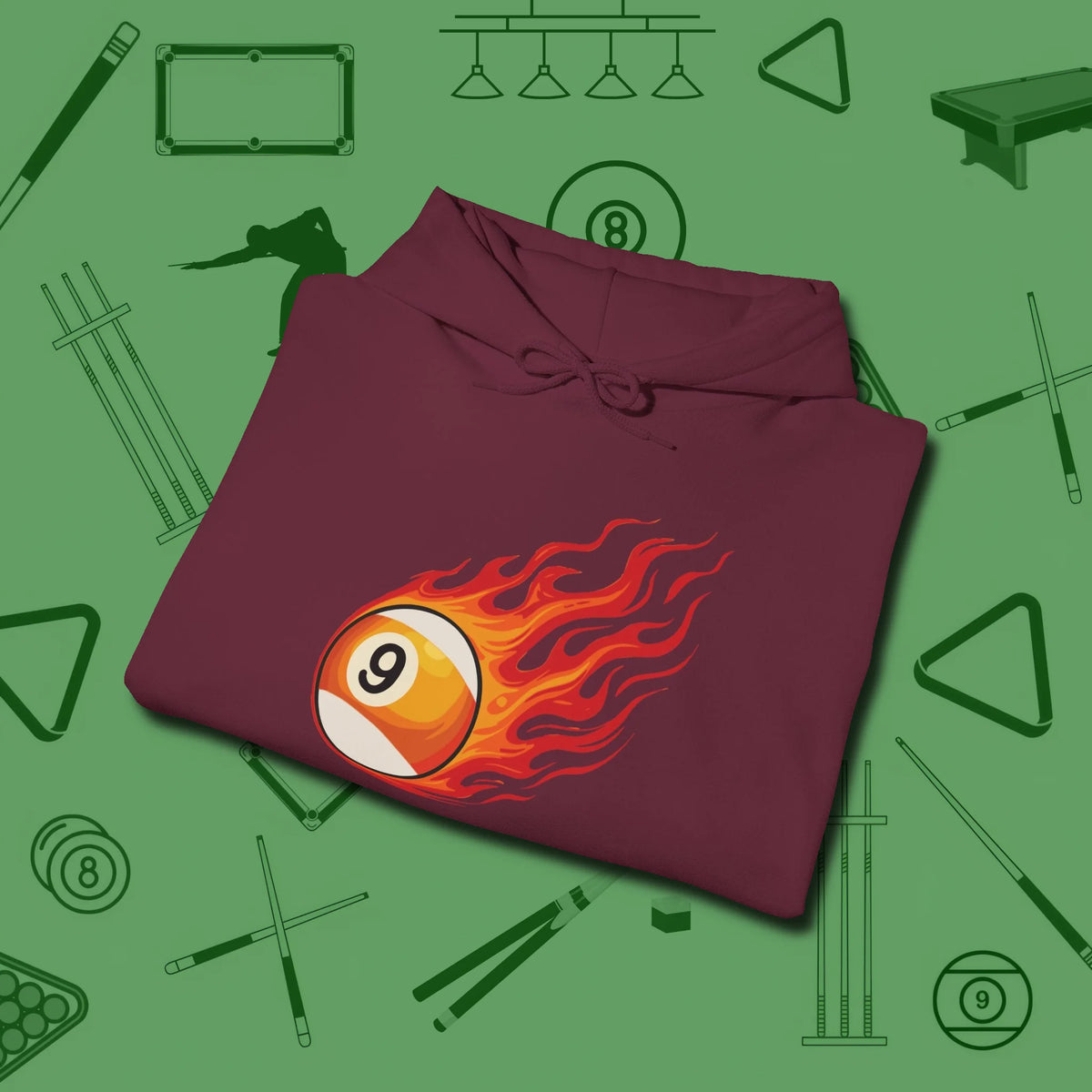 Nine Ball Inferno Hoodie, folded view, in Maroon cue sports swagger done right