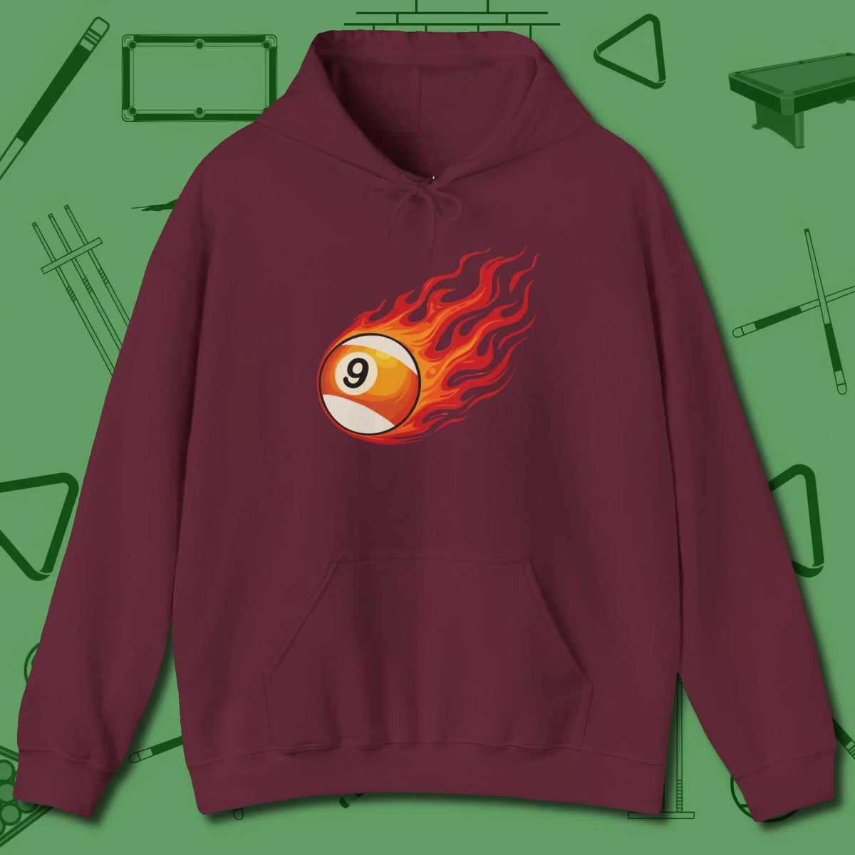 Nine Ball Inferno Hoodie, front view, in Maroon cool under pressure, hot on the eyes