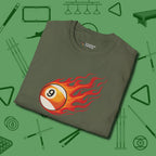 Nine Ball Inferno T-Shirt, folded view, in Military Green subtle drip for serious shooters