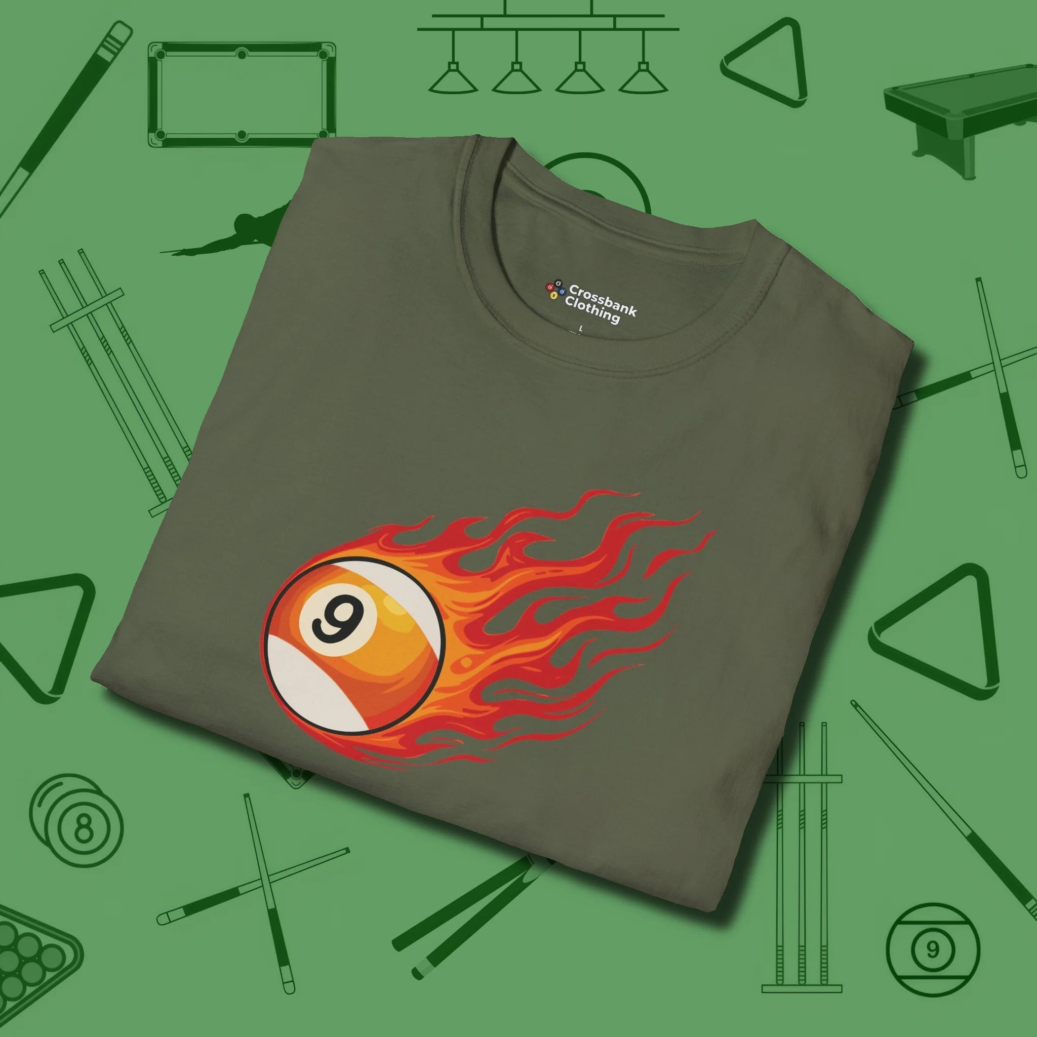 Nine Ball Inferno T-Shirt, folded view, in Military Green subtle drip for serious shooters
