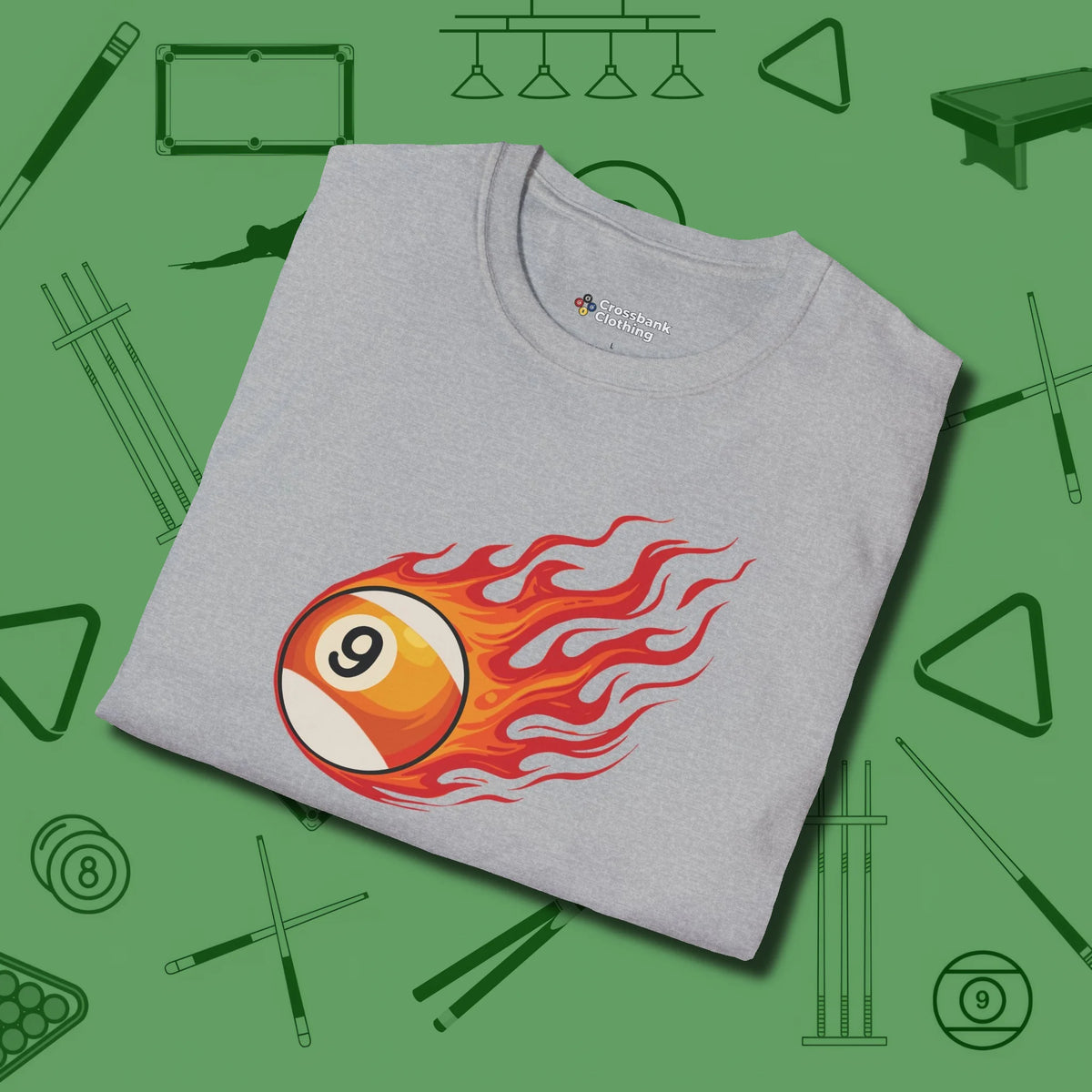 Nine Ball Inferno T-Shirt, folded view, in Sport Grey made for pool sharks, not posers