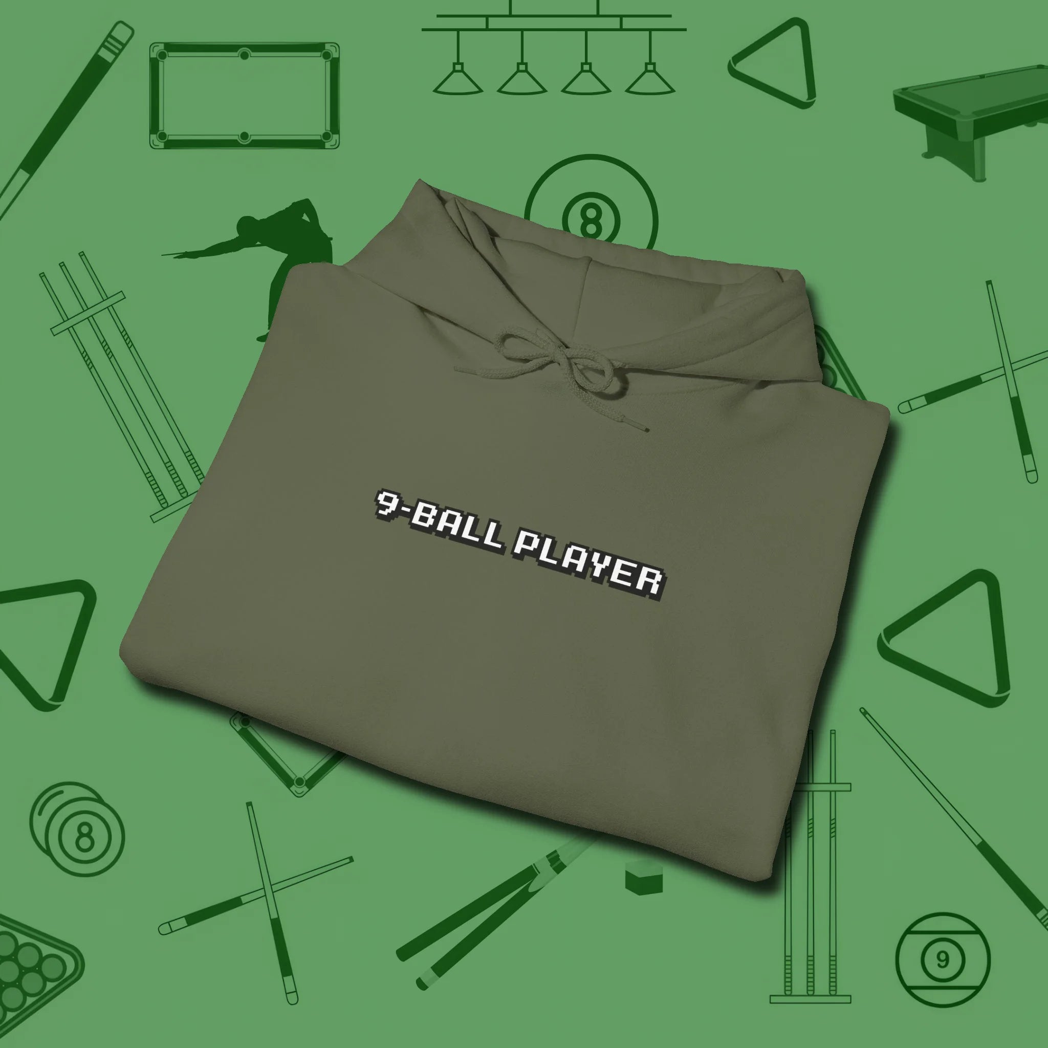 9 Ball Hoodie, folded view, in Military Green look good while calling your pocket