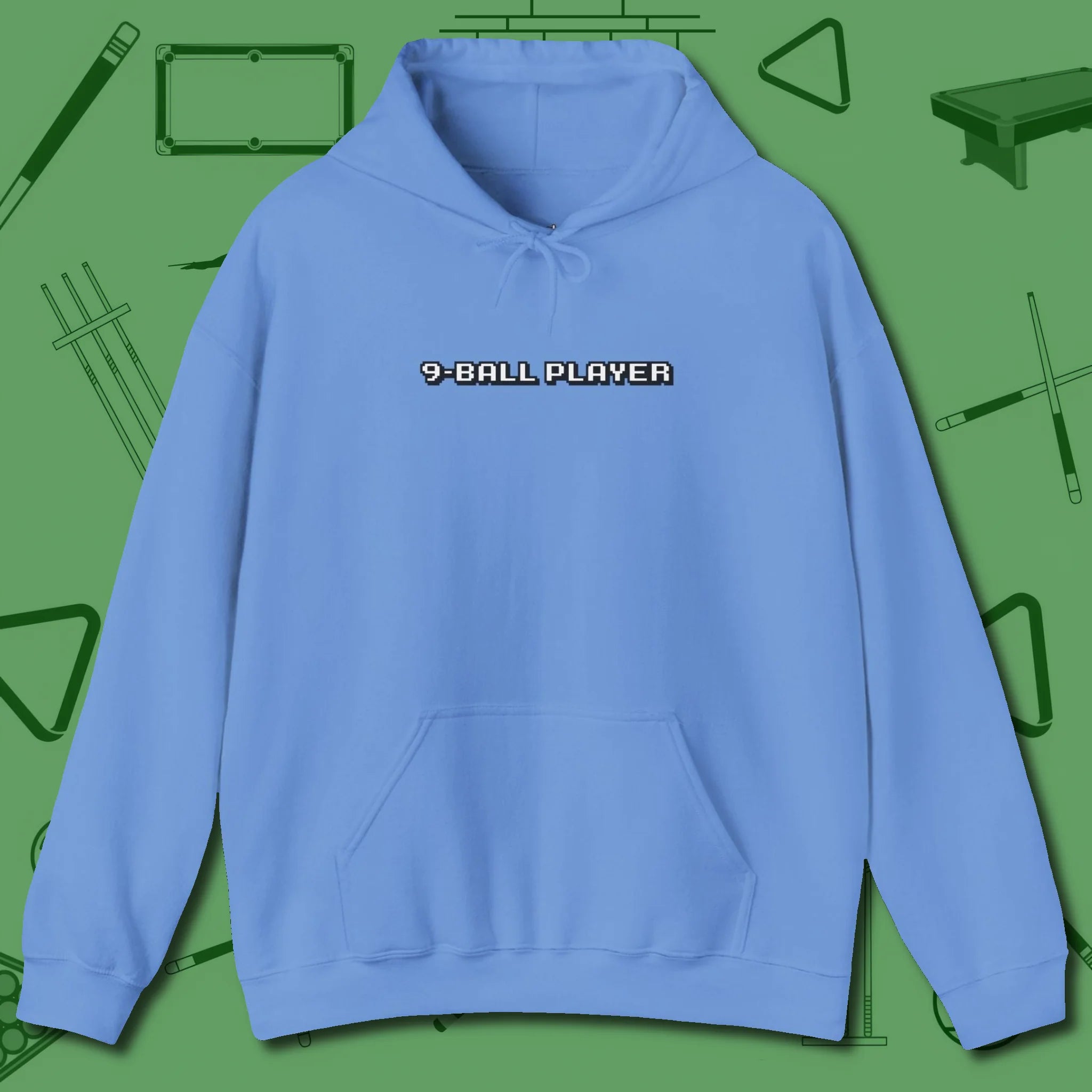 9 Ball Hoodie, front view, in Carolina Blue cue sports swagger done right