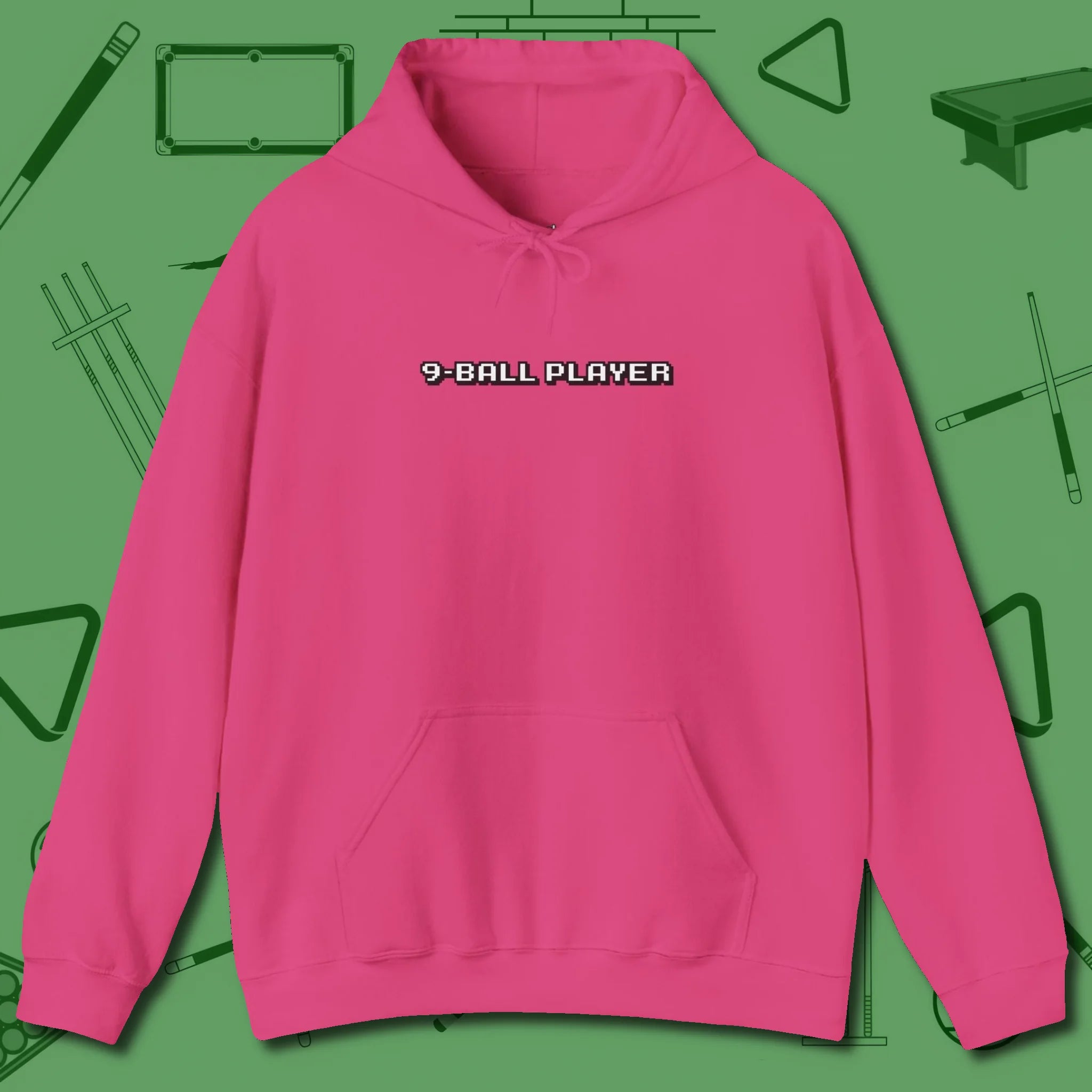 9 Ball Hoodie, front view, in Heliconia confidence stitched in every seam