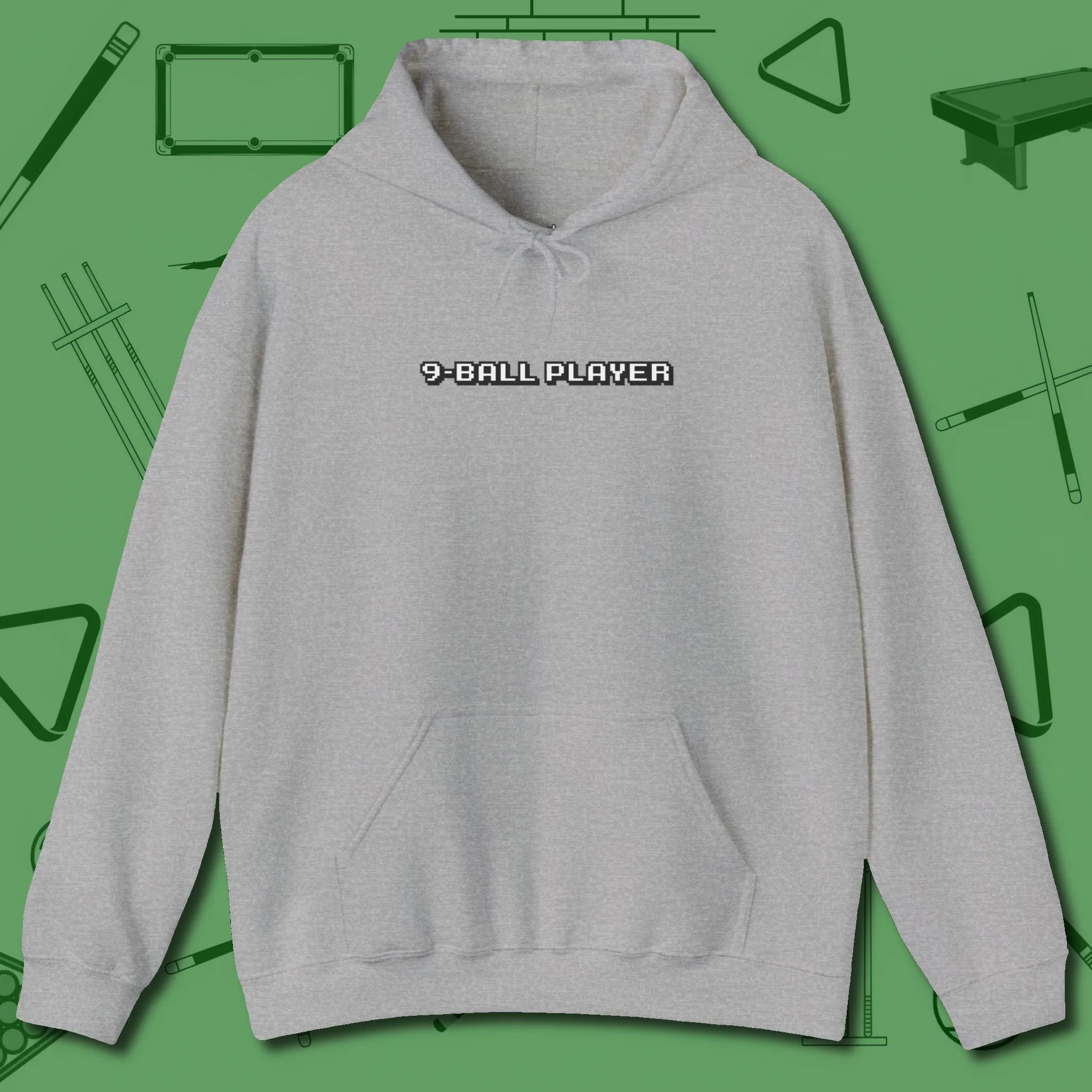 9 Ball Hoodie, front view, in Sport Grey precise, confident, always in control