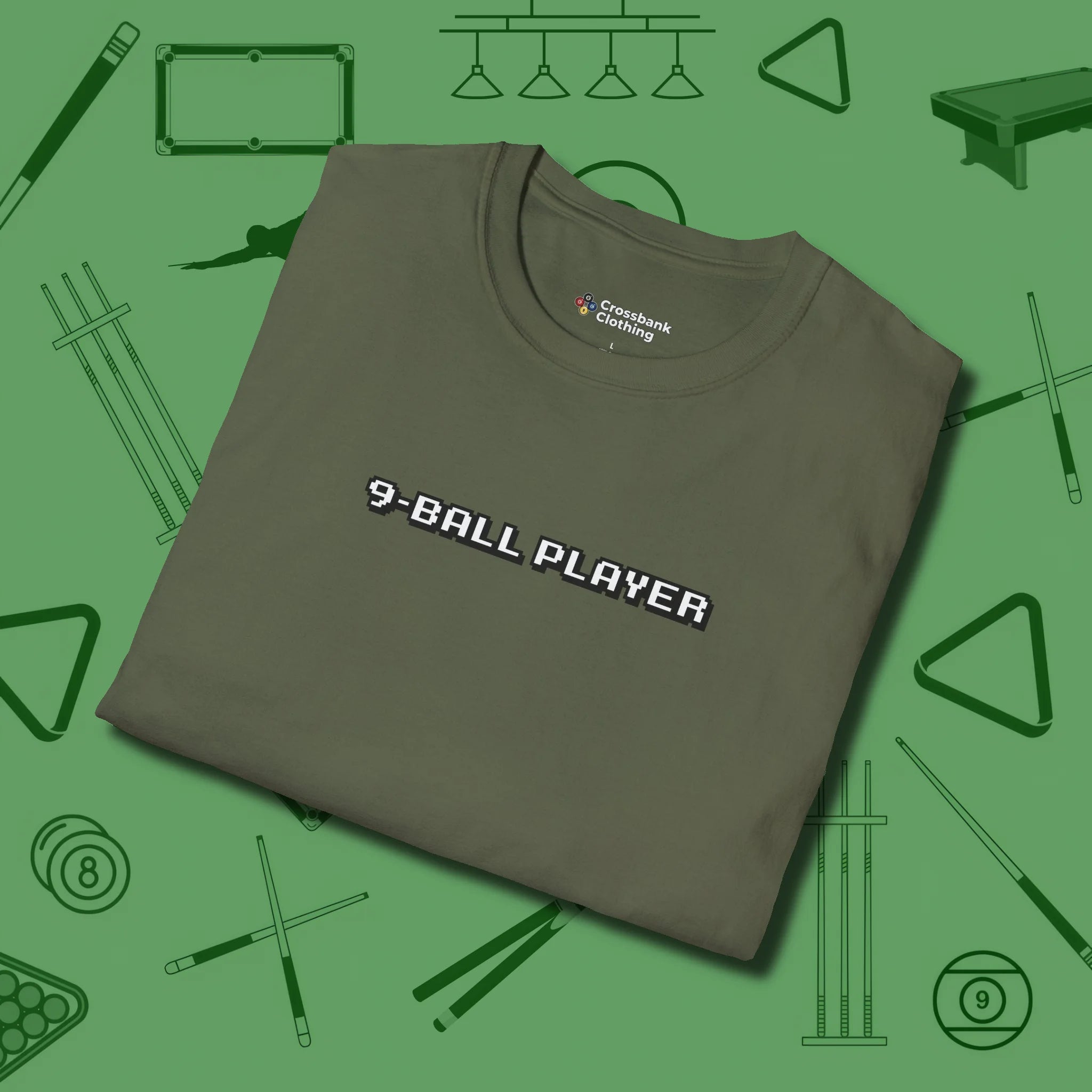 9 Ball T-Shirt, folded view, in Military Green your secret weapon off the table