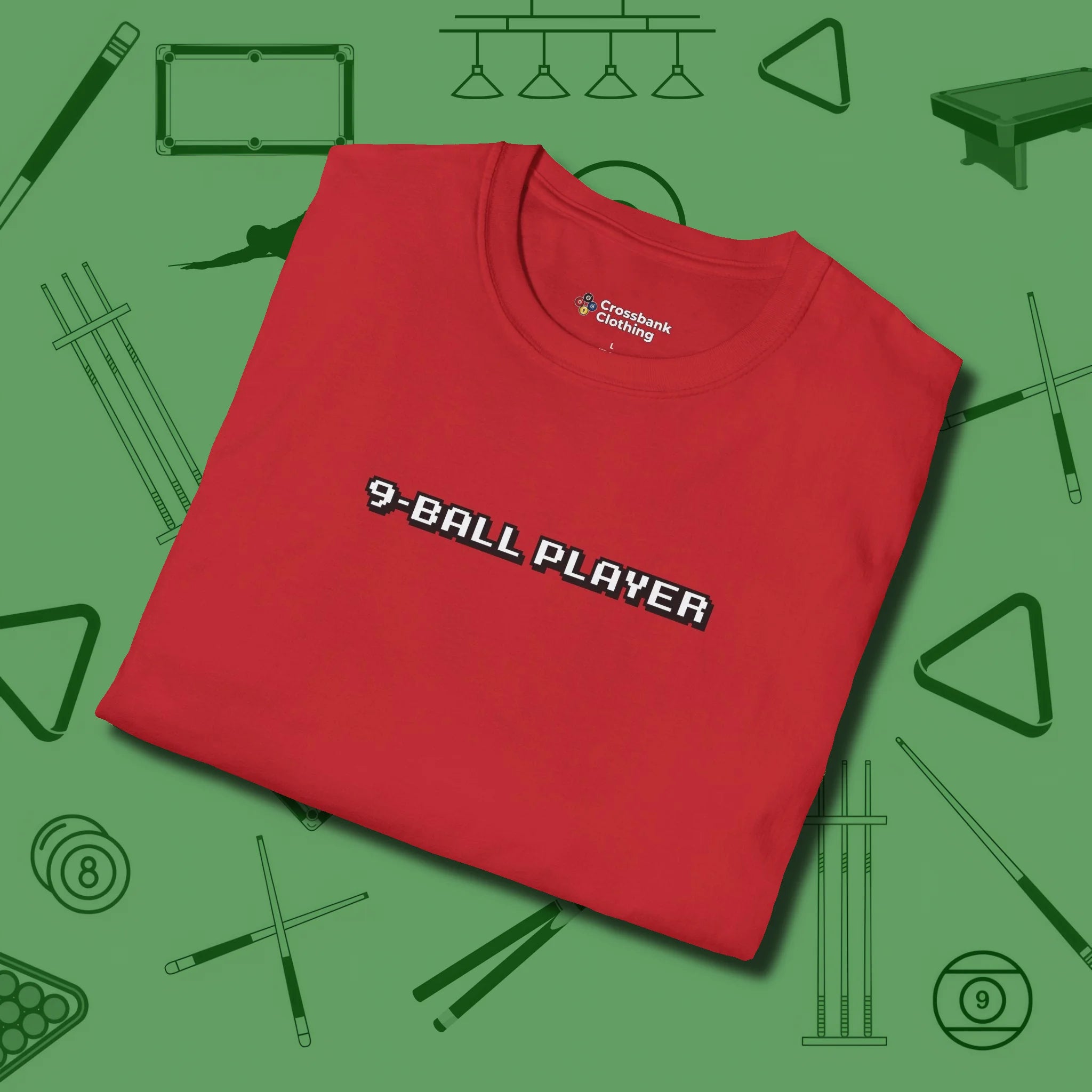 9 Ball T-Shirt, folded view, in Red subtle drip for serious shooters