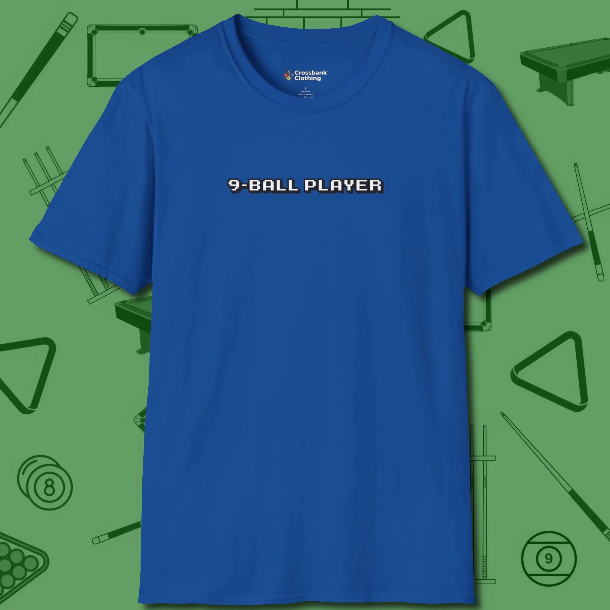 9 Ball T-Shirt, front view, in Royal for players who live the game
