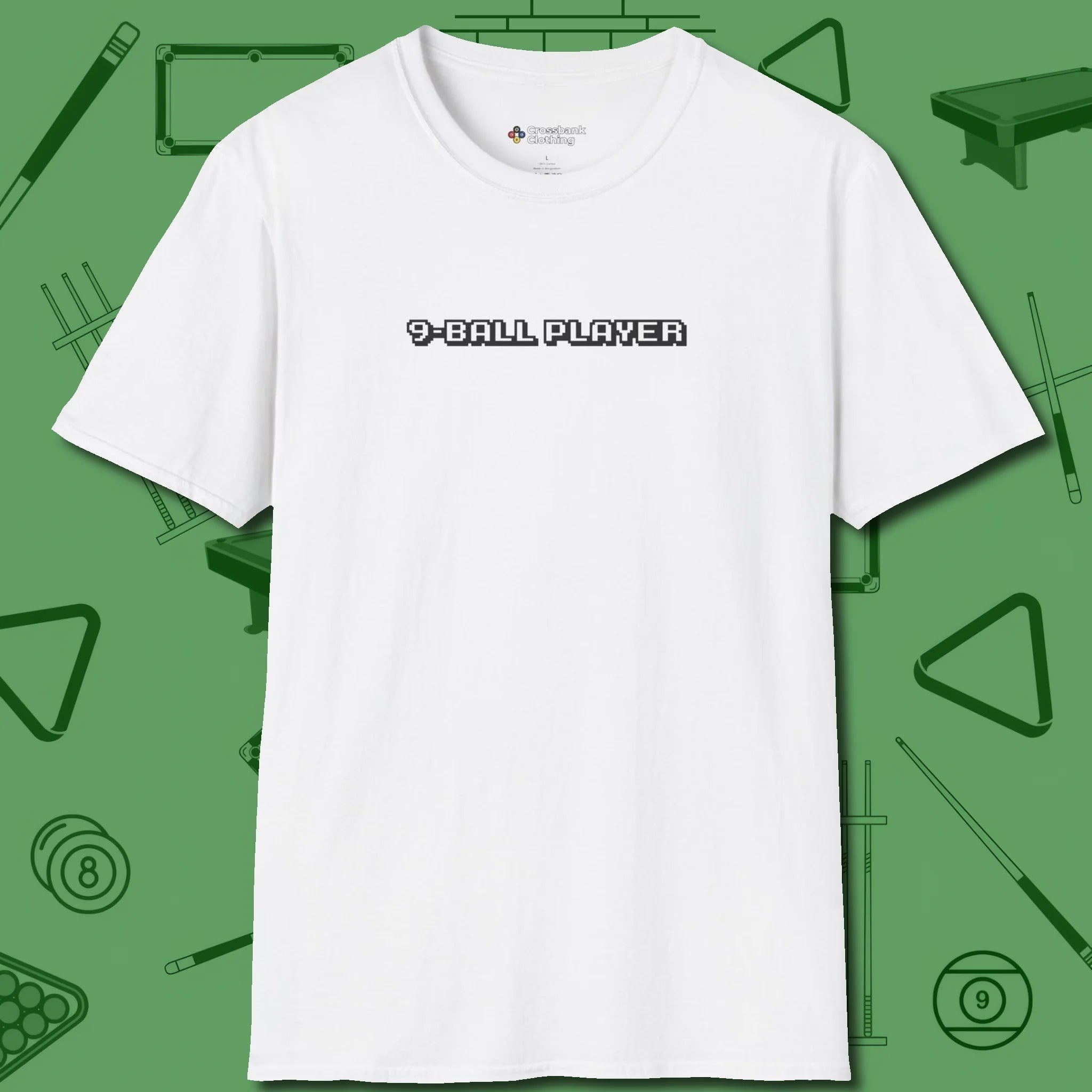 9 Ball T-Shirt, front view, in White precise, confident, always in control