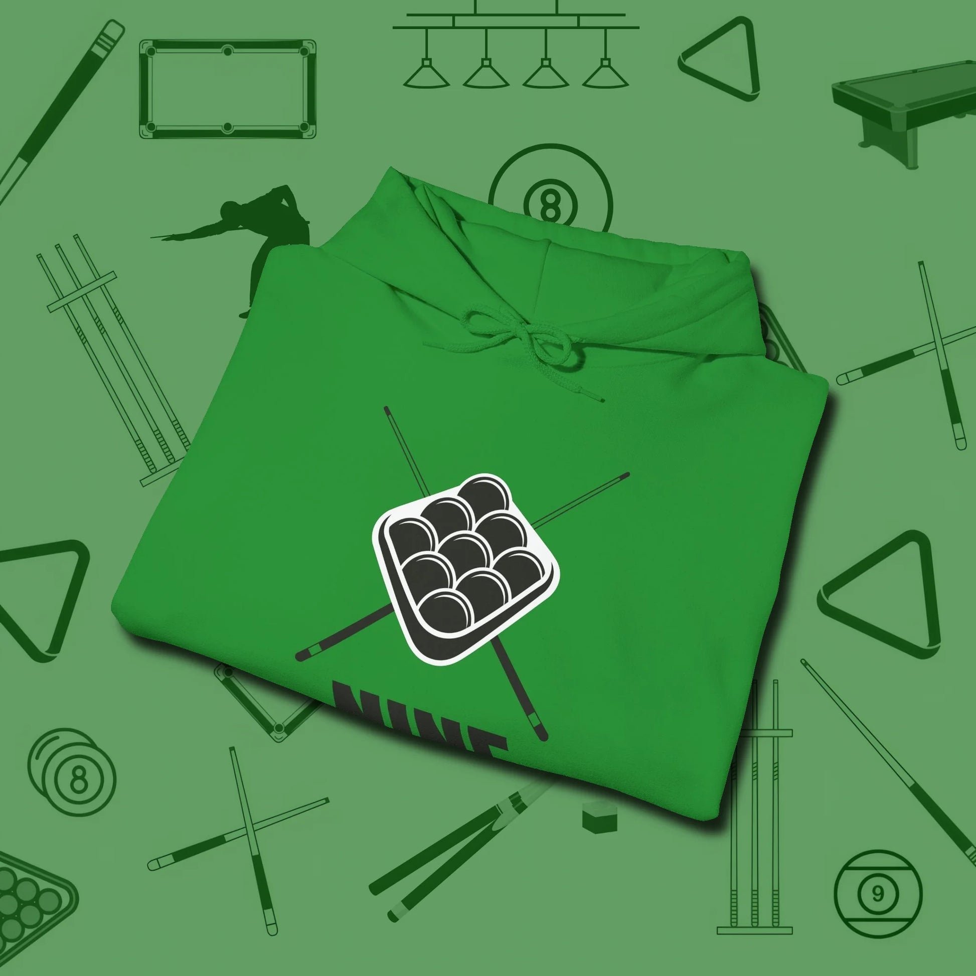 Nine Ball Rack Hoodie, folded view, in Irish Green designed for dead stroke and deadpan looks