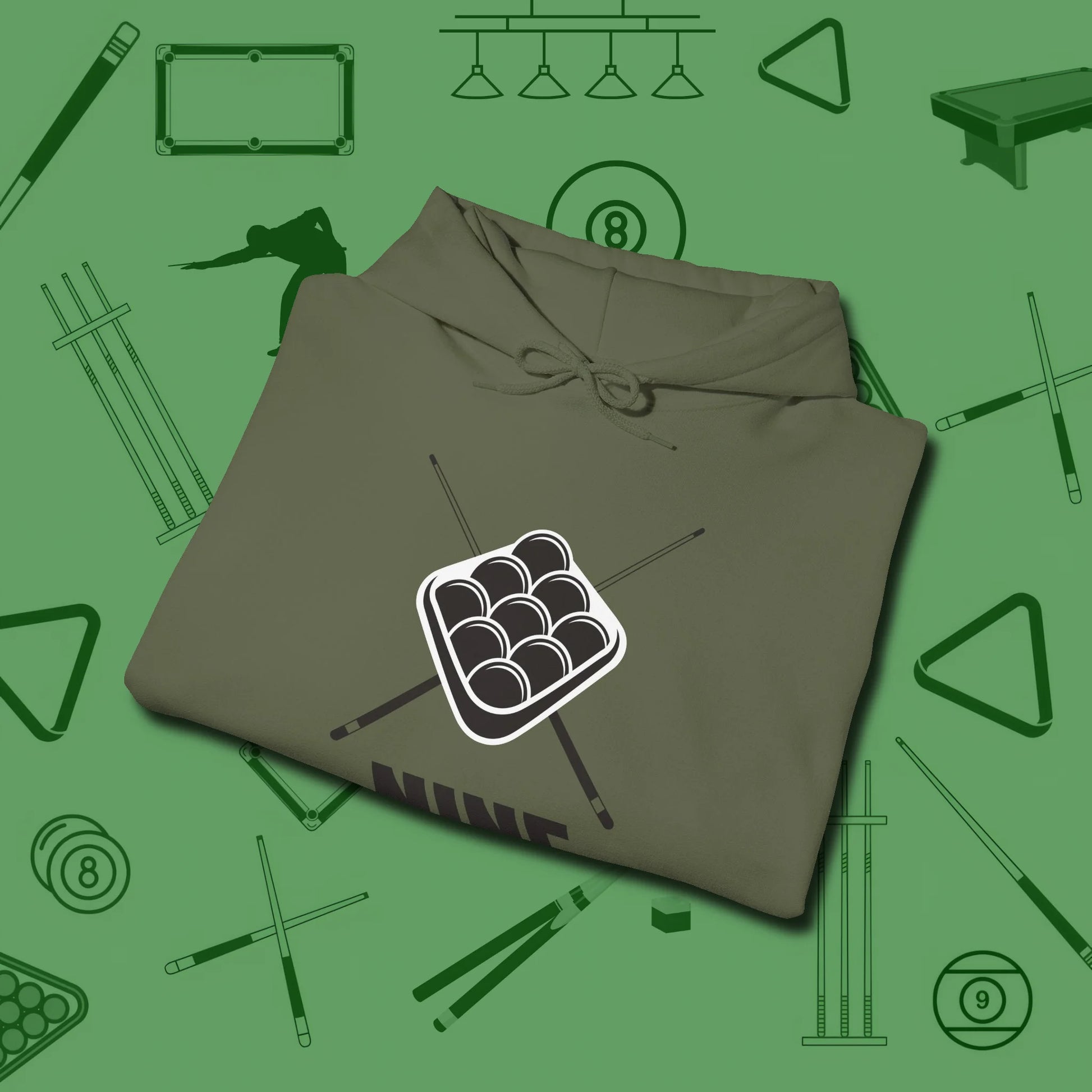 Nine Ball Rack Hoodie, folded view, in Military Green because you don’t just play — you represent