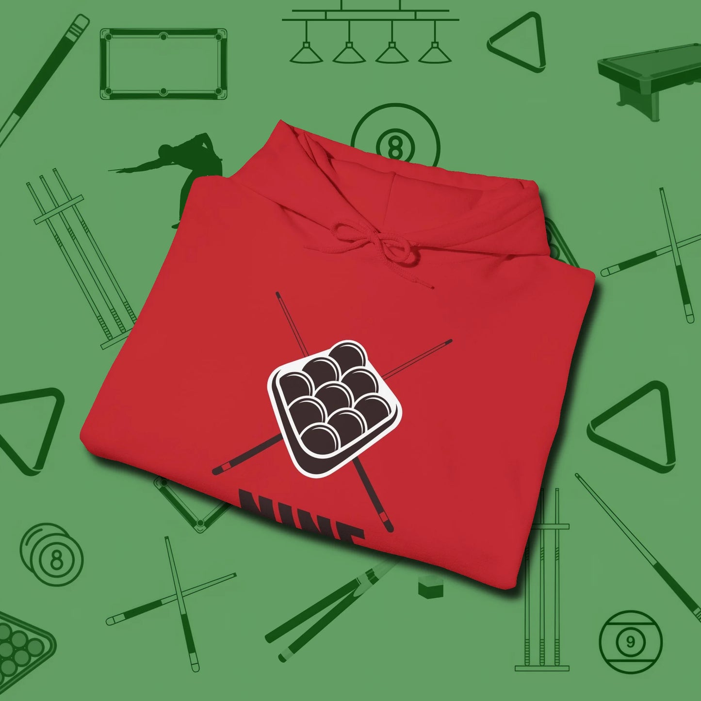 Nine Ball Rack Hoodie, folded view, in Red smart apparel for strategic players