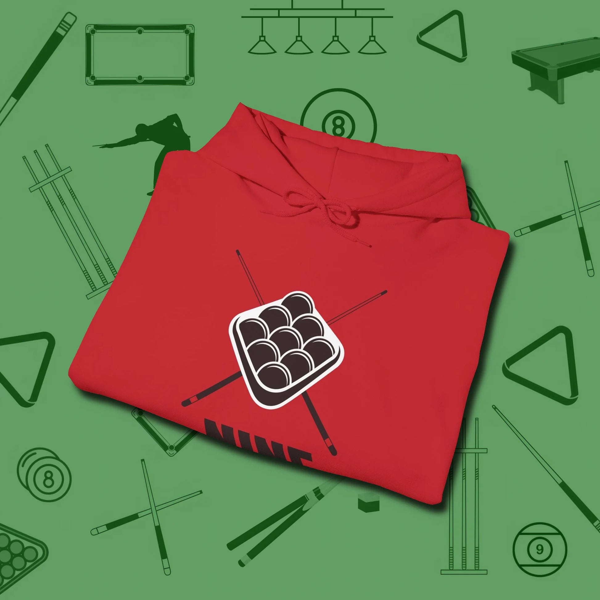 Nine Ball Rack Hoodie, folded view, in Red smart apparel for strategic players