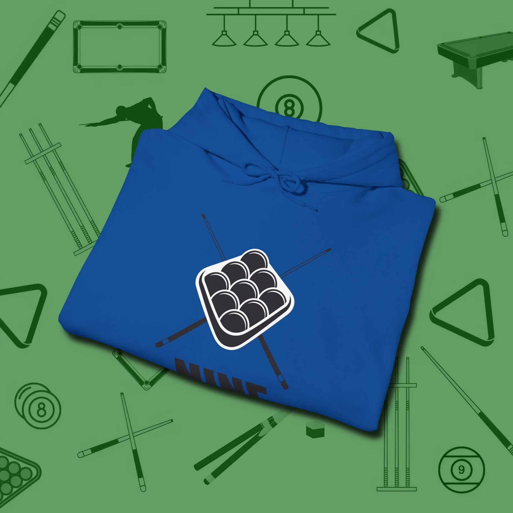 Nine Ball Rack Hoodie, folded view, in Royal dress for the shot you want to take