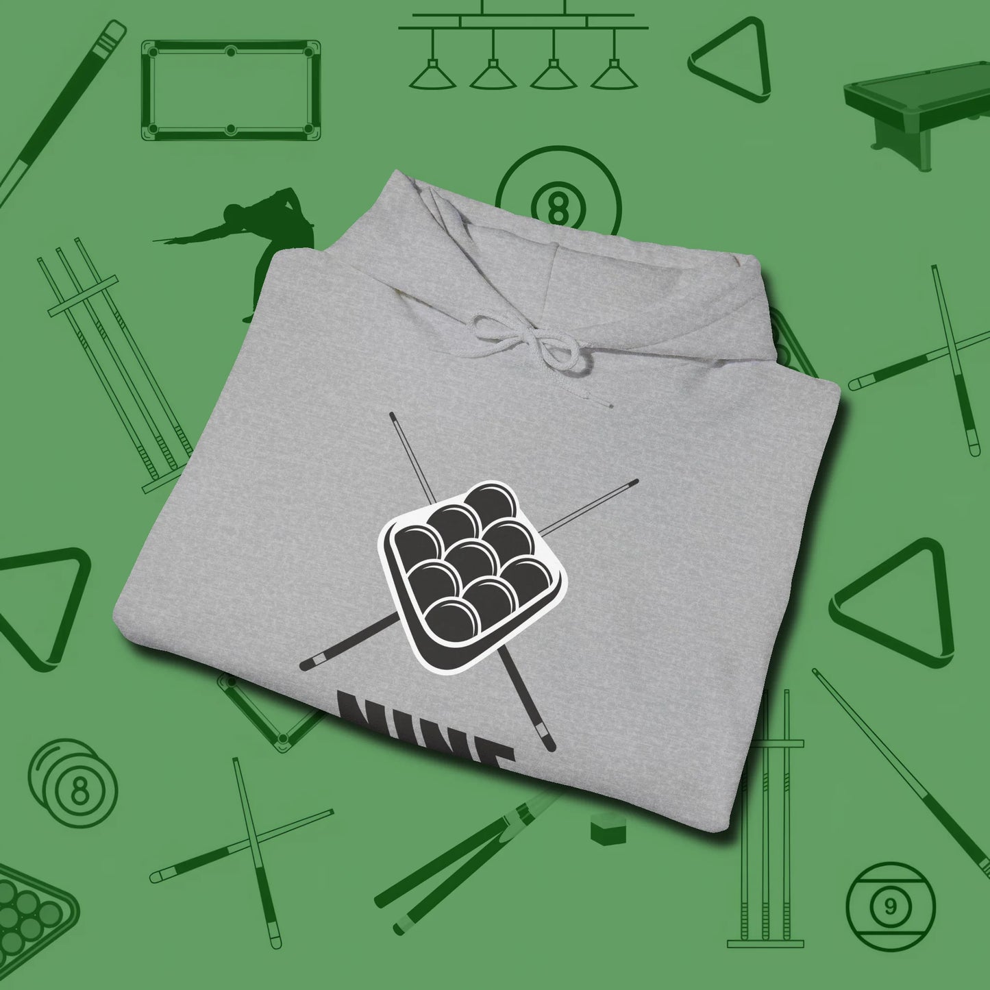 Nine Ball Rack Hoodie, folded view, in Sport Grey fashion with break-and-run energy