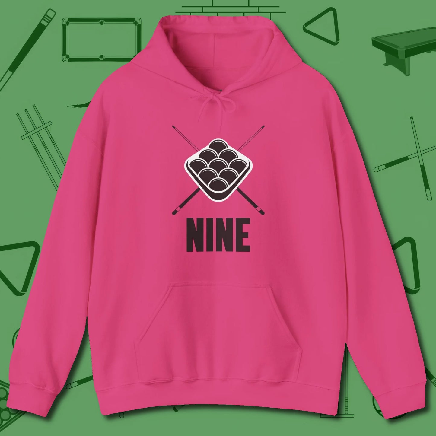Nine Ball Rack Hoodie, front view, in Heliconia like your stroke — smooth and deliberate
