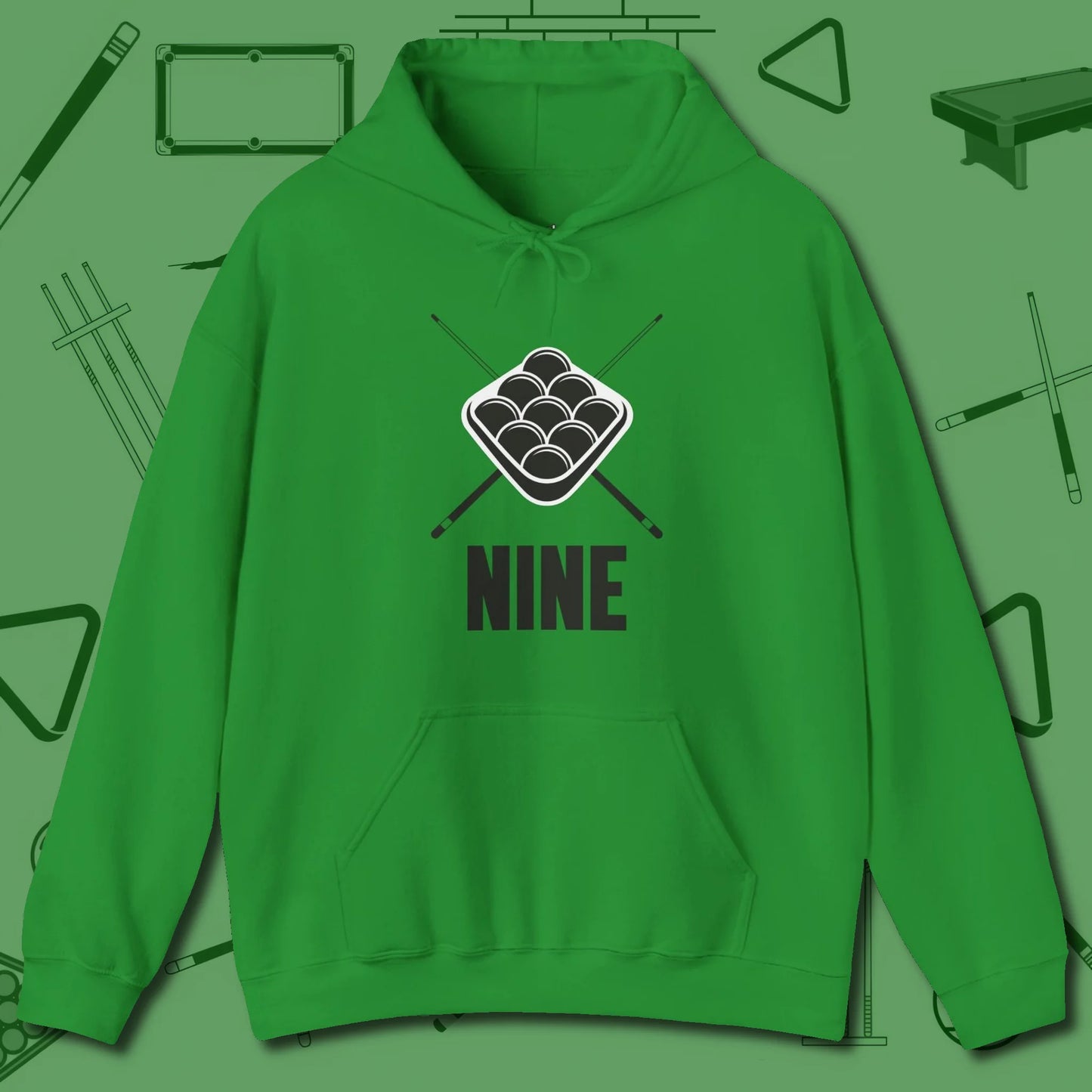 Nine Ball Rack Hoodie, front view, in Irish Green subtle drip for serious shooters
