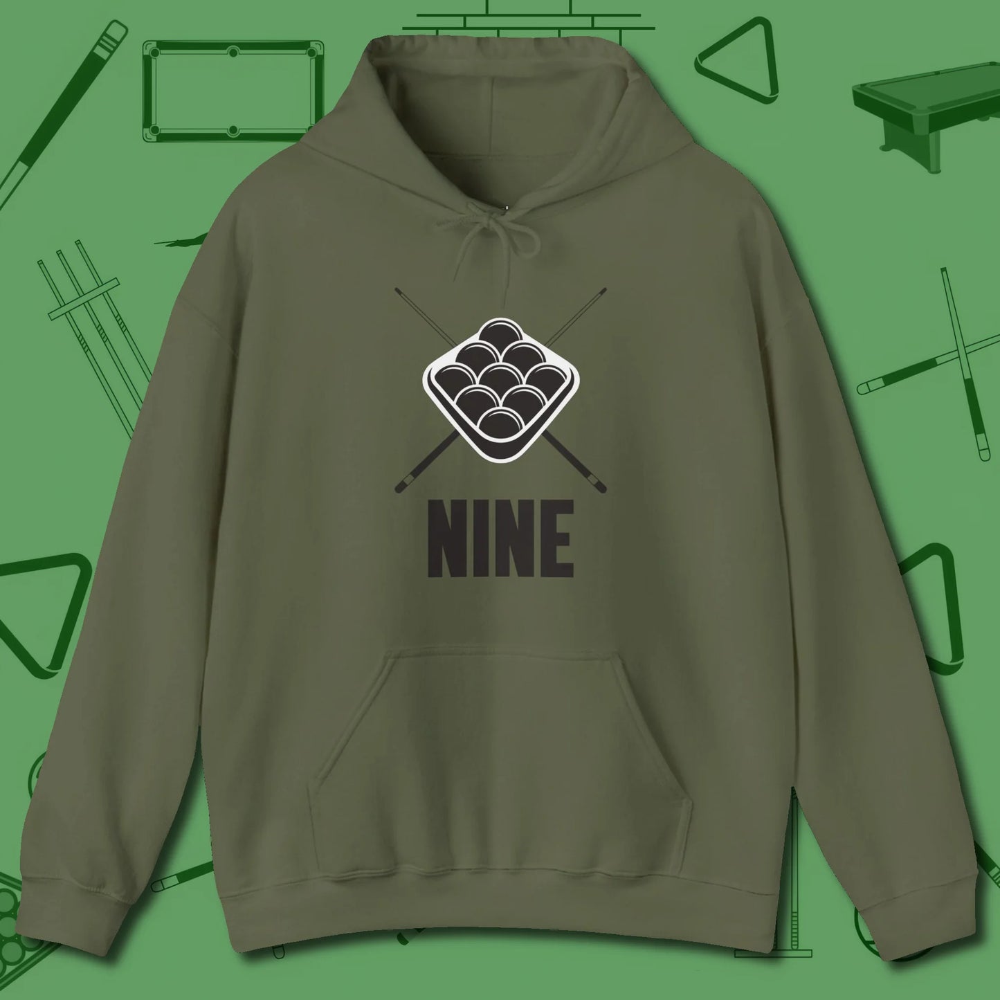 Nine Ball Rack Hoodie, front view, in Military Green for hustlers who keep it honest
