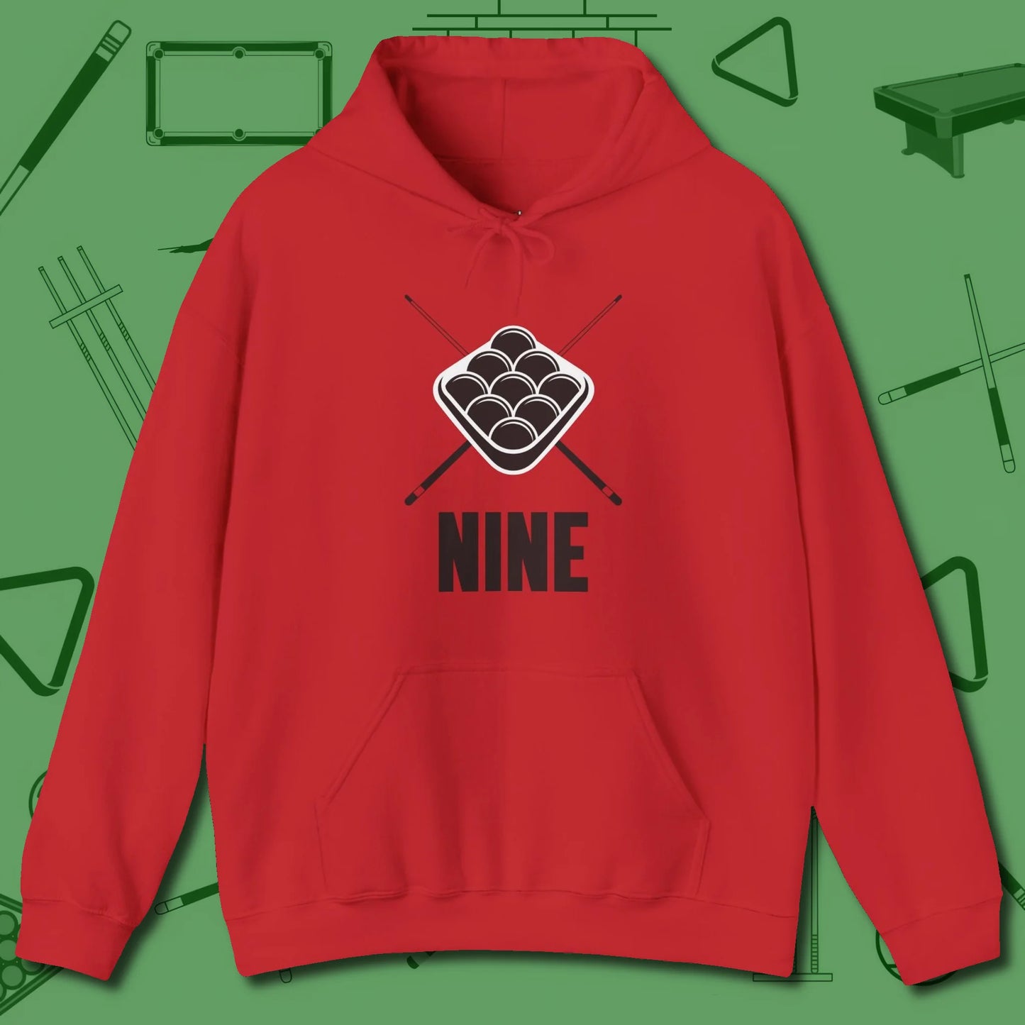 Nine Ball Rack Hoodie, front view, in Red smart enough for the felt and the street