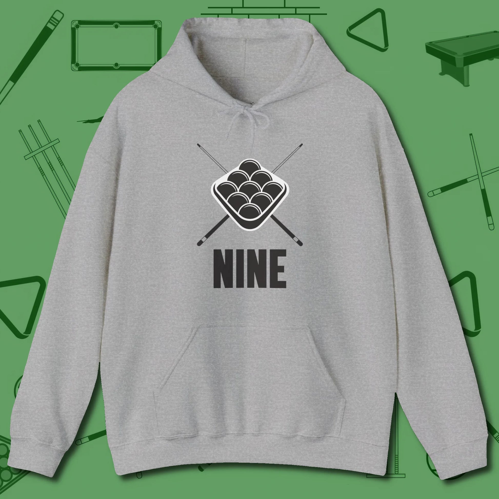 Nine Ball Rack Hoodie, front view, in Sport Grey because you don’t just play — you represent
