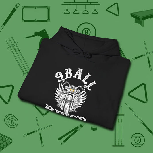 Nine Ball Rider Hoodie, folded view, in Black look good while calling your pocket