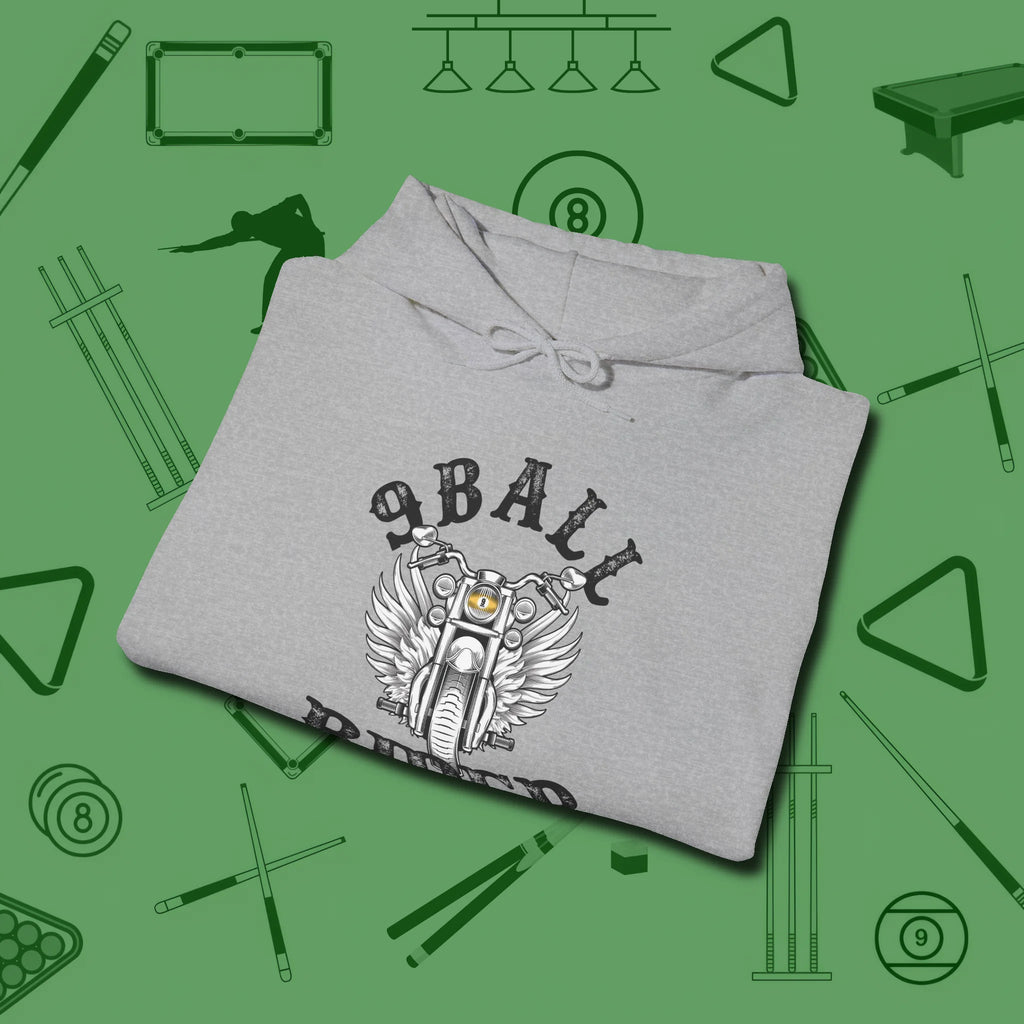 Nine Ball Rider Hoodie, folded view, in Sport Grey because pool isn’t just a game — it’s who you are