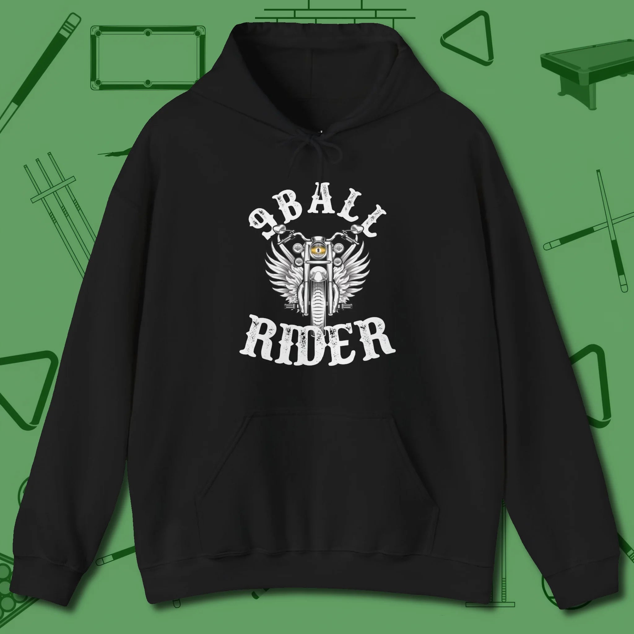 Nine Ball Rider Hoodie, front view, in Black not your average 8-ball graphic tee