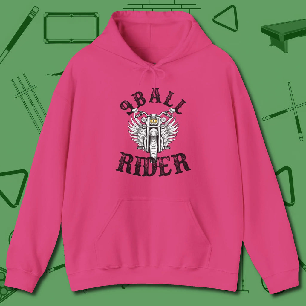 Nine Ball Rider Hoodie, front view, in Heliconia perfect for players with quiet fire